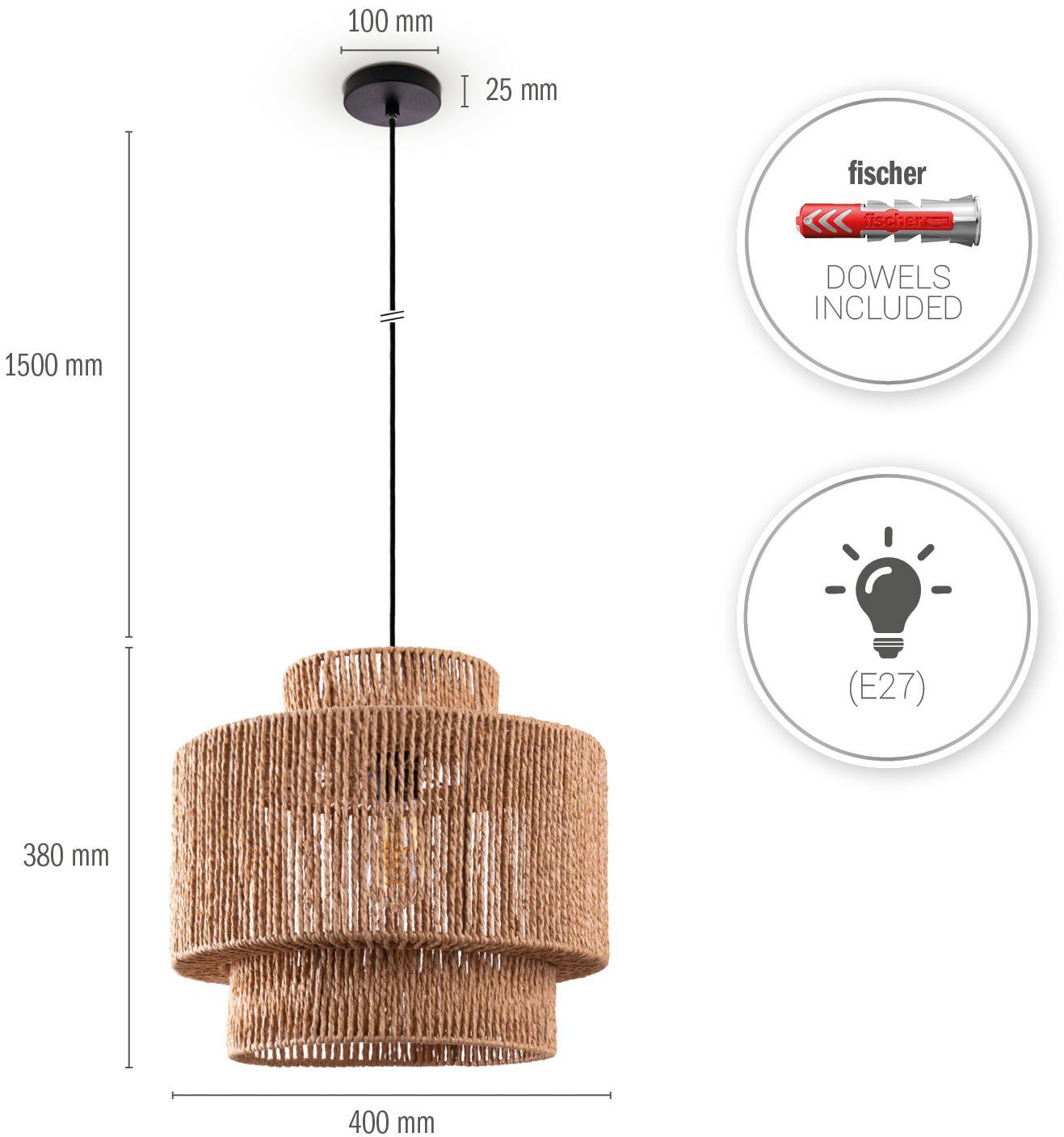 Paco Home Hanglamp Hugo Lupita Woonkamer eetkamer rattan look Boho lampenkap papier