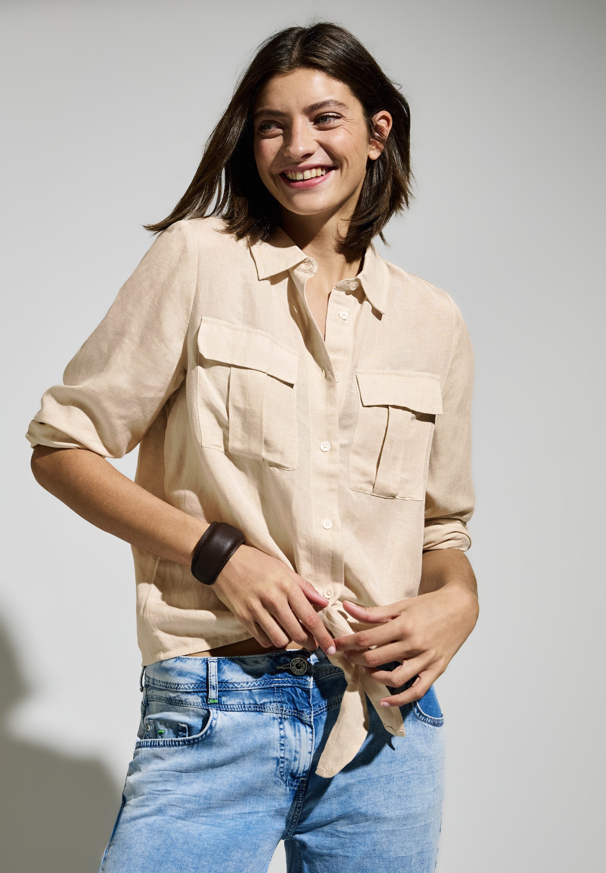 Cecil Blouse met lange mouwen met knoop bij de zoom dames blouses maat M (40) beige