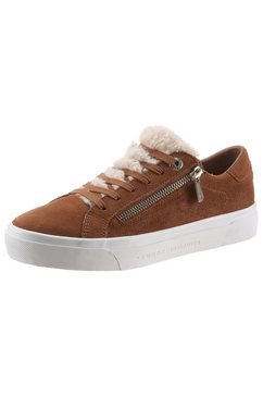 tommy hilfiger plateausneakers suede warmlined th sneaker met logo-opschrift in plateau bruin