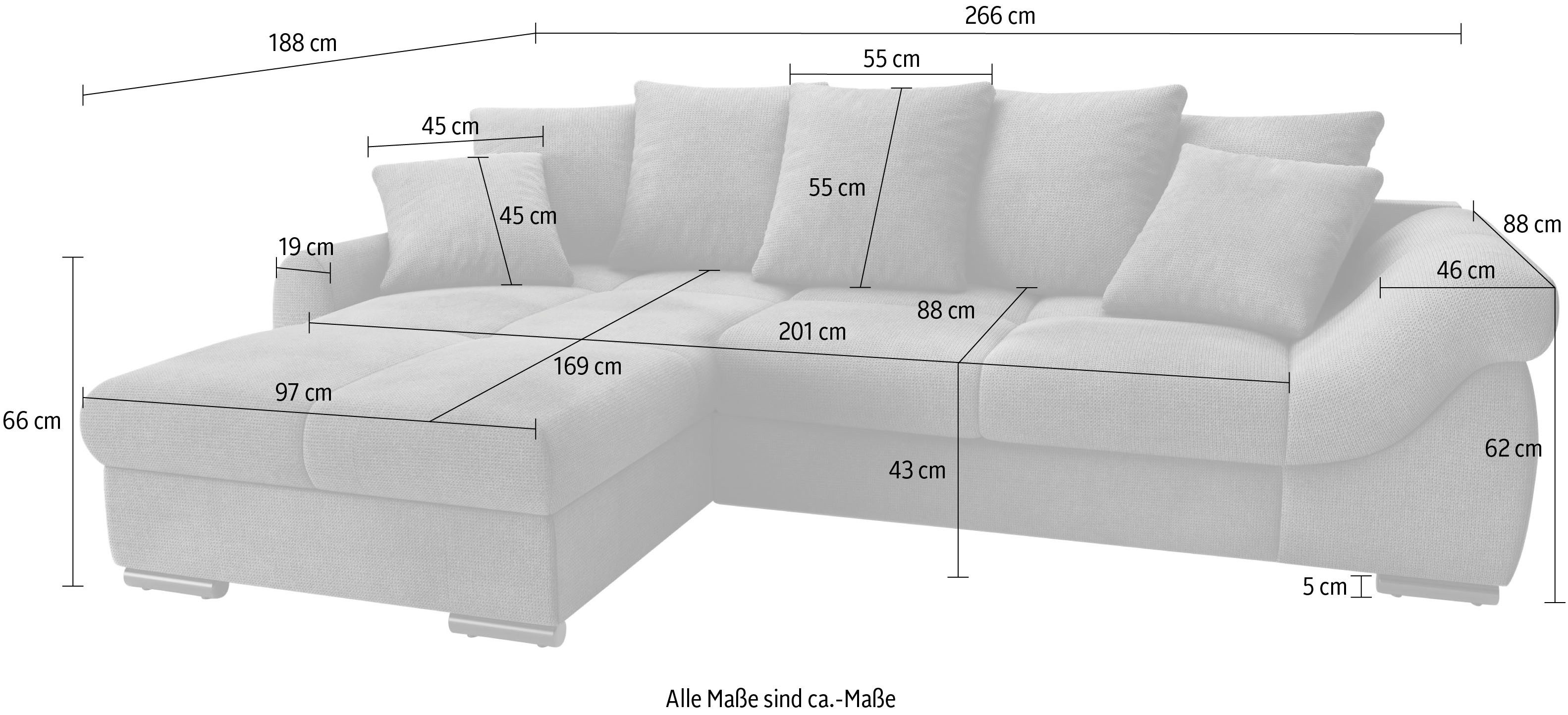 Mr. Couch Hoekbank Livorno DuraFlex L-vorm incl. hoogslaper beduitbreiding, xl bedbox wit gecoat
