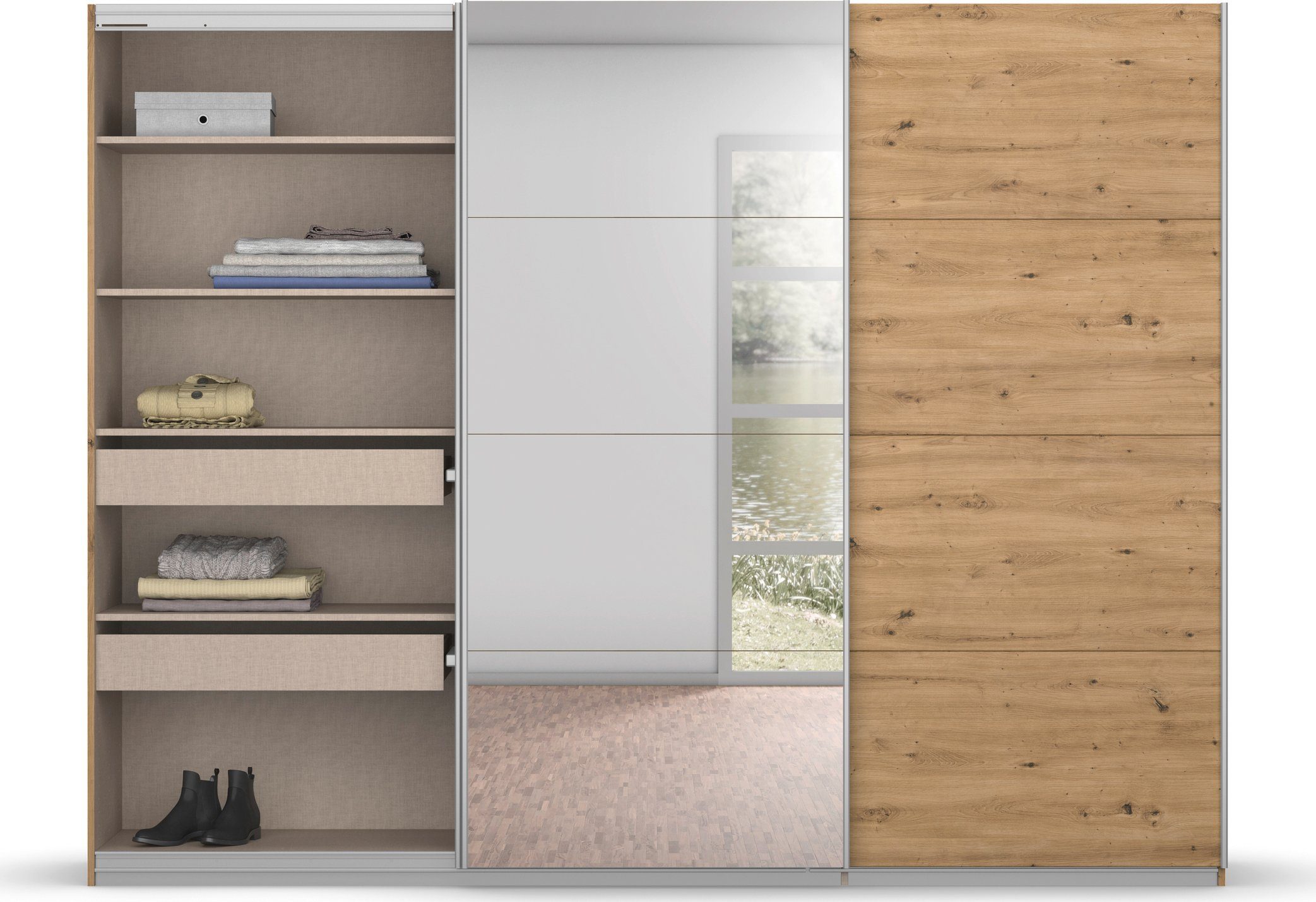 rauch Zweefdeurkast Kledingkast kast garderobe BESTSELLER KOLUNA met spiegel inclusief 2 binnenladen en extra legplanken made in germany