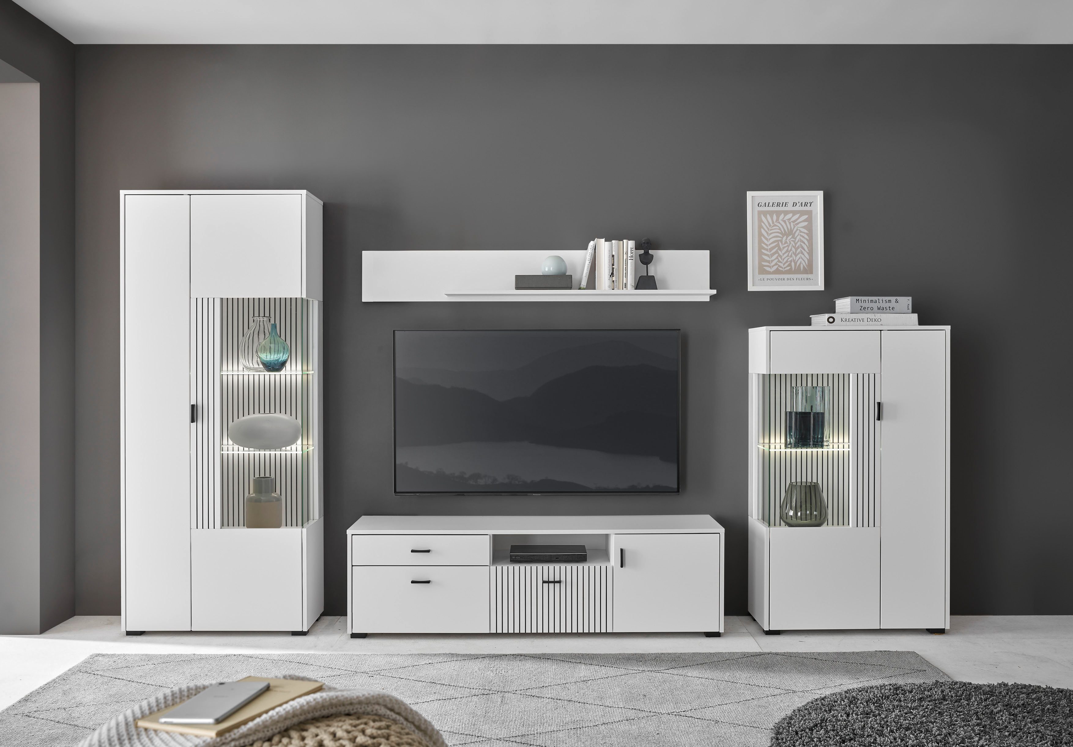 INOSIGN Wandmeubel Hudson met moderne groevenlook, handgrepen van metaal (zwart), breedte 320 cm (set, 4-delig) tv-wandmeubels wit