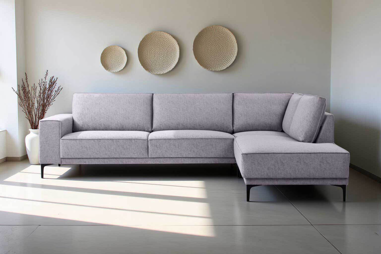 Places of Style Hoekbank Oland, structuur, platweefsel, luxe microvezel, bouclé L-vorm, 289 cm, golfondersteuning, Scandinavisch ontwerp, metalen poten