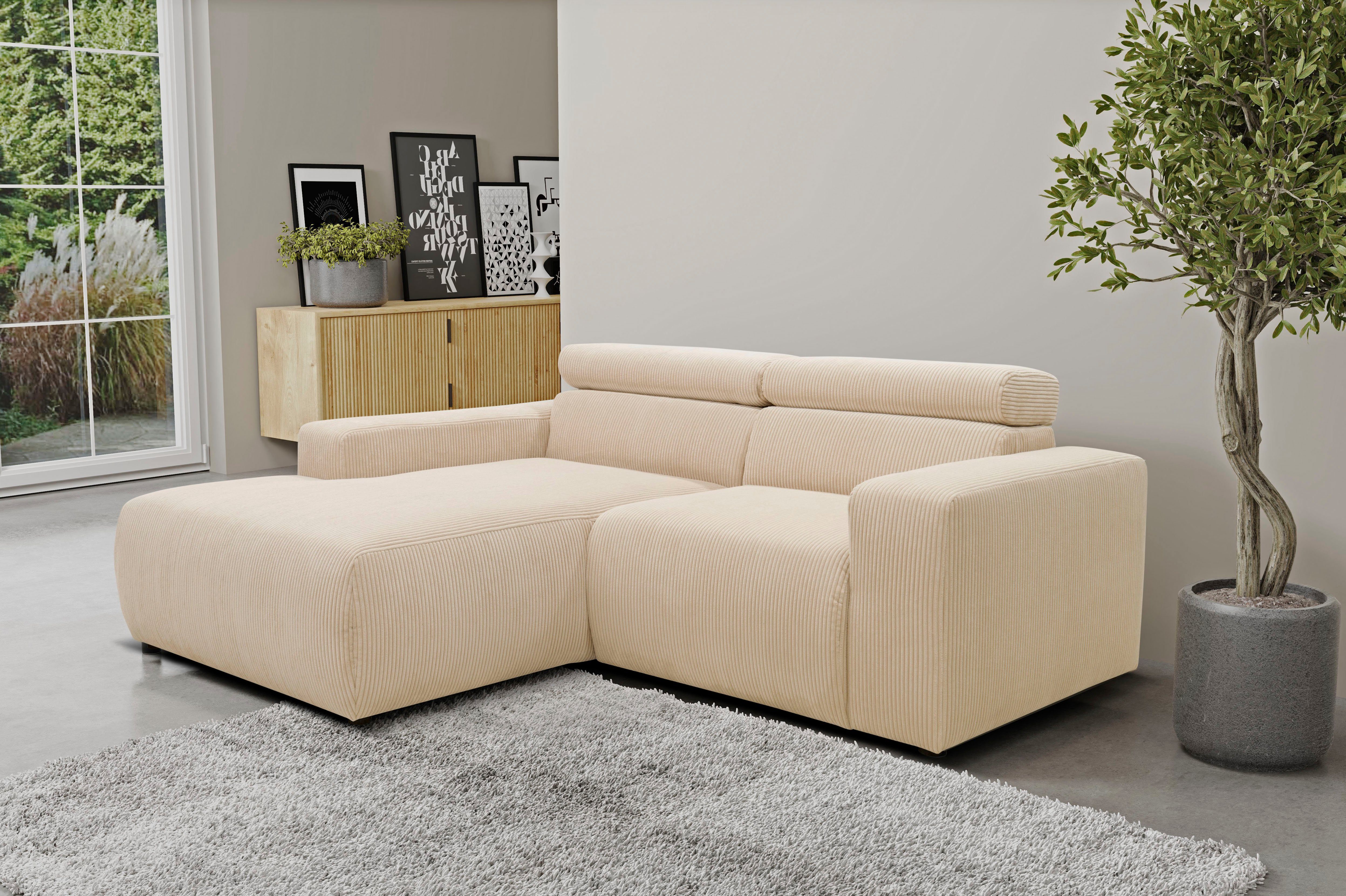 DOMO collection Hoekbank Brandon kleine versie BxDxH: 214x100x80 cm Met verstelbare hoofdsteun, ook in leer en cord, L-model beige, hoekbanken,