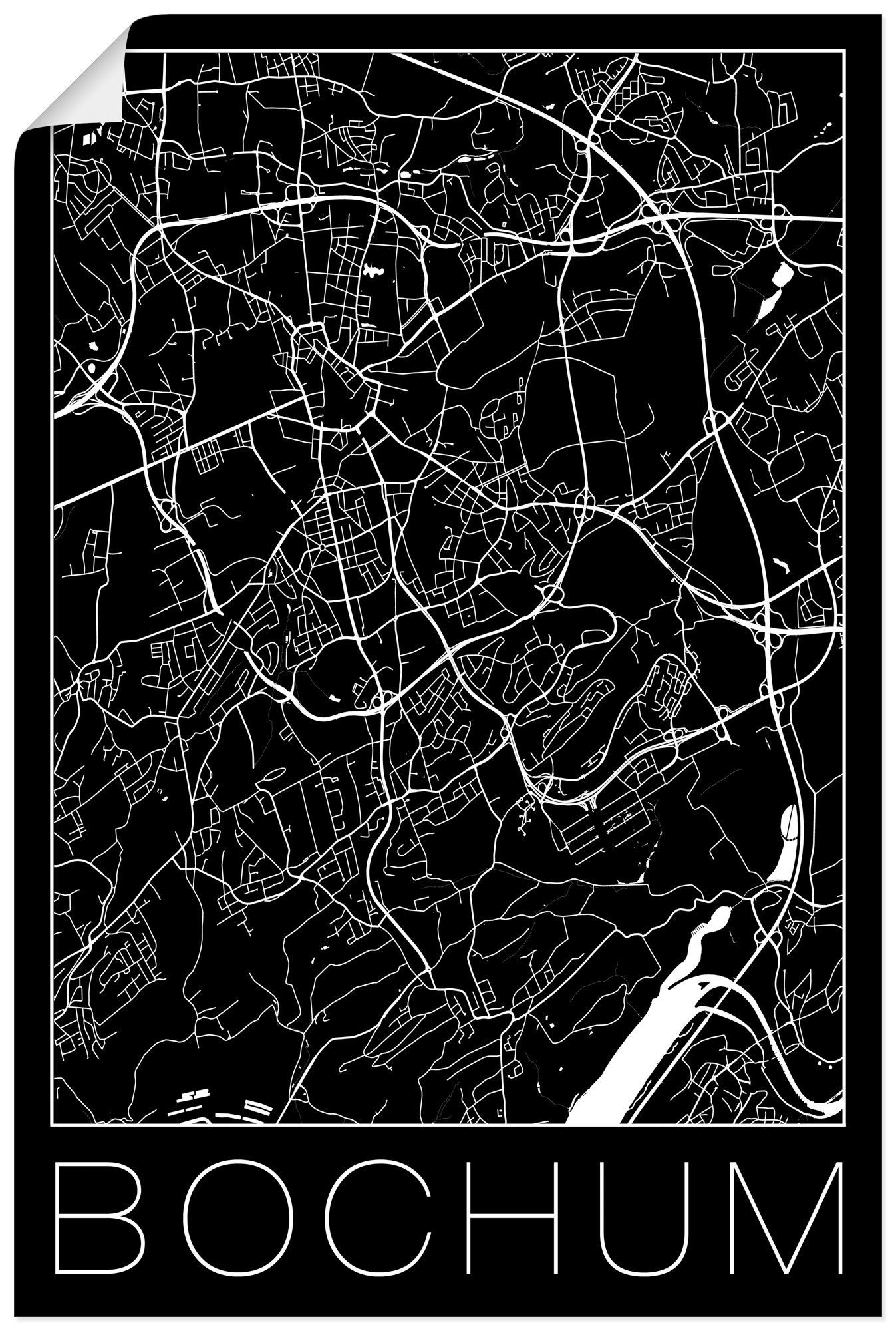 Artland Artprint Retro kaart Bochum Duitsland zwart in vele afmetingen & productsoorten - artprint van aluminium / artprint voor buiten, artprint op linnen, poster, muursticker / w