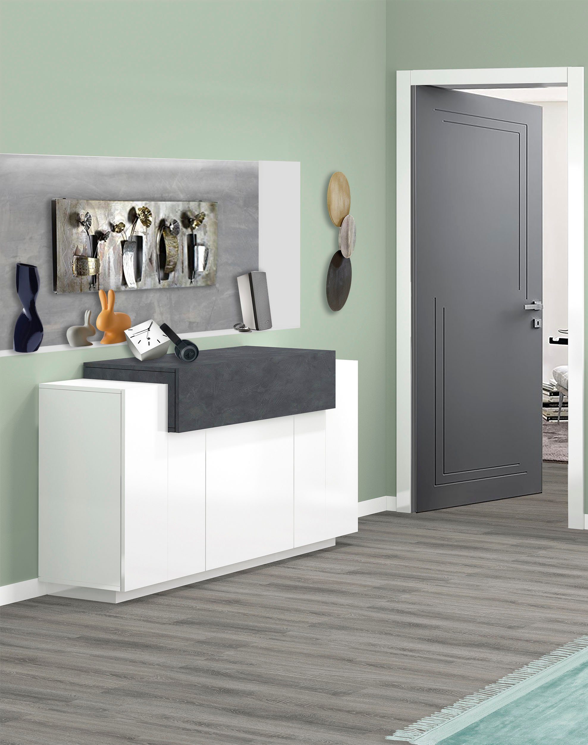 INOSIGN Kast Coro, commode, kast, buffet, greeploos 1 klep, 3 deuren, dubbele diepte hoogglans fronten, breedte 140