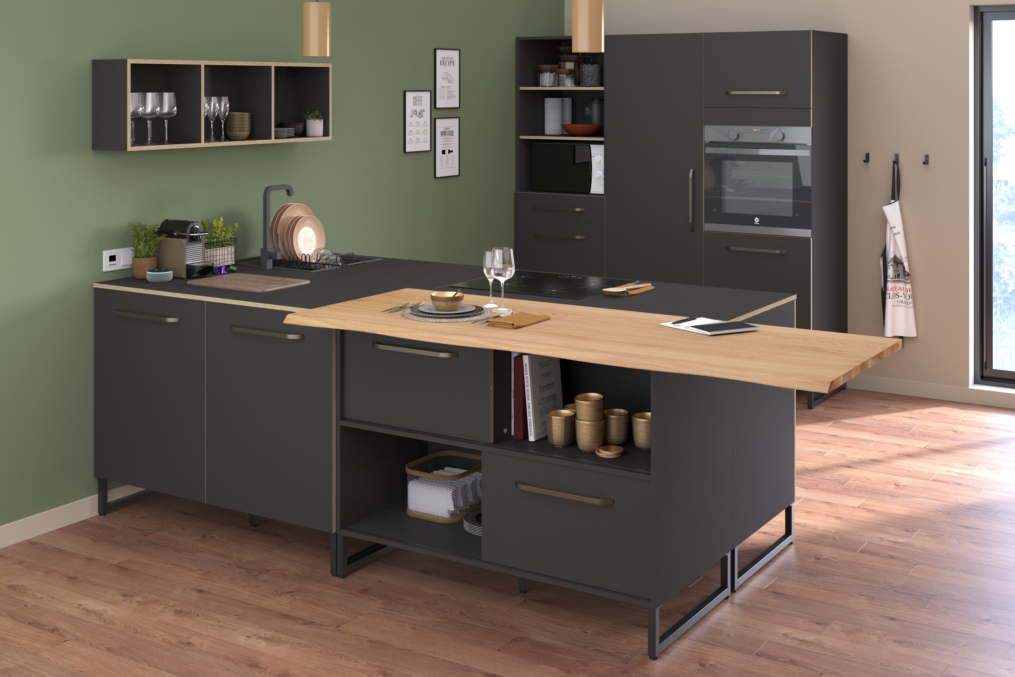 Parisot Kastenset Wave 1, Keuken kast, buffetset, keuken Deuren met softclose functie, werkblad van eiken - gefineerd (set, 9 stuks)