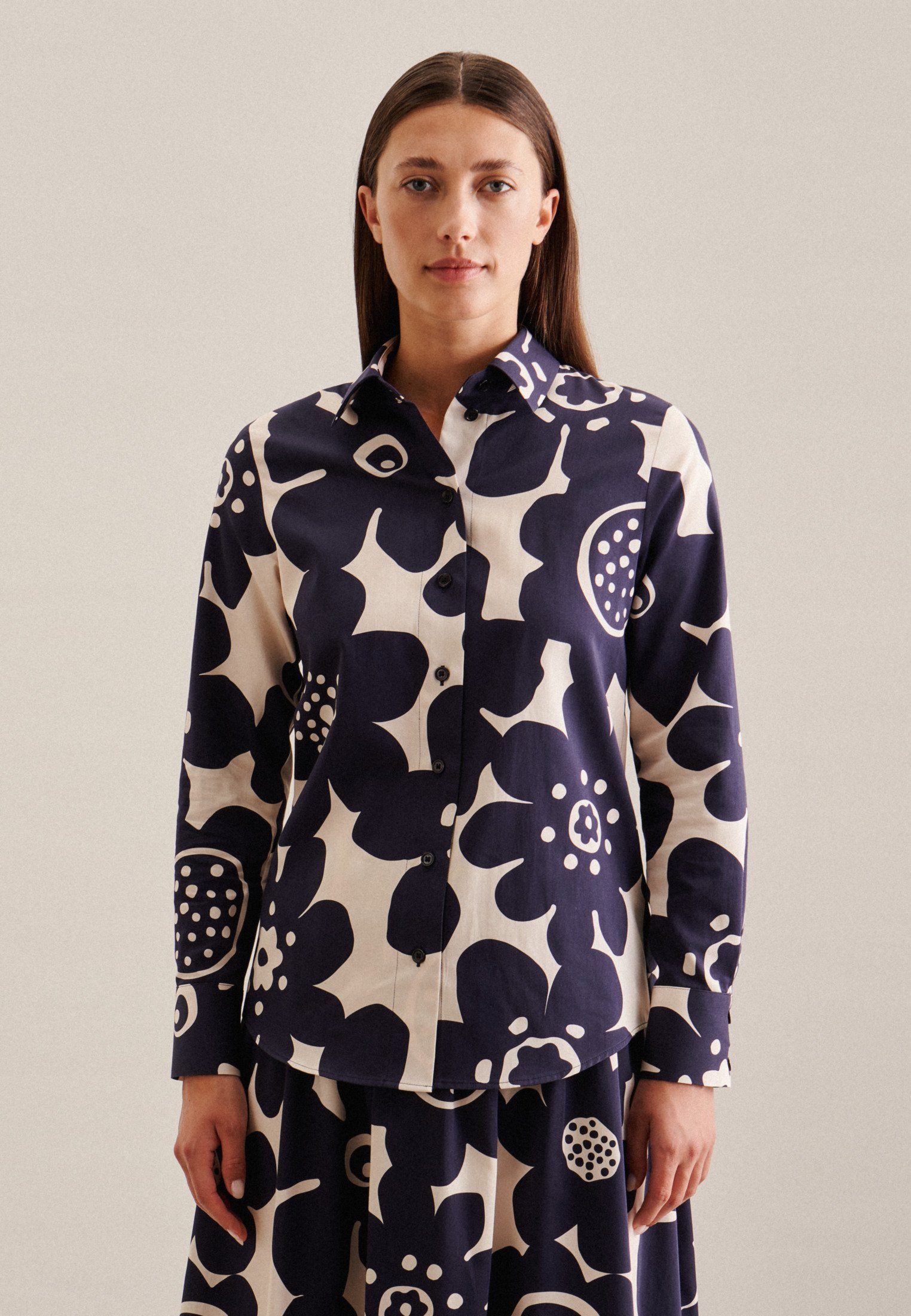 seidensticker Overhemdblouse Zwarte roos Lange mouwen kraag in bloemmotief dames lange blouses maat M (38) blauw