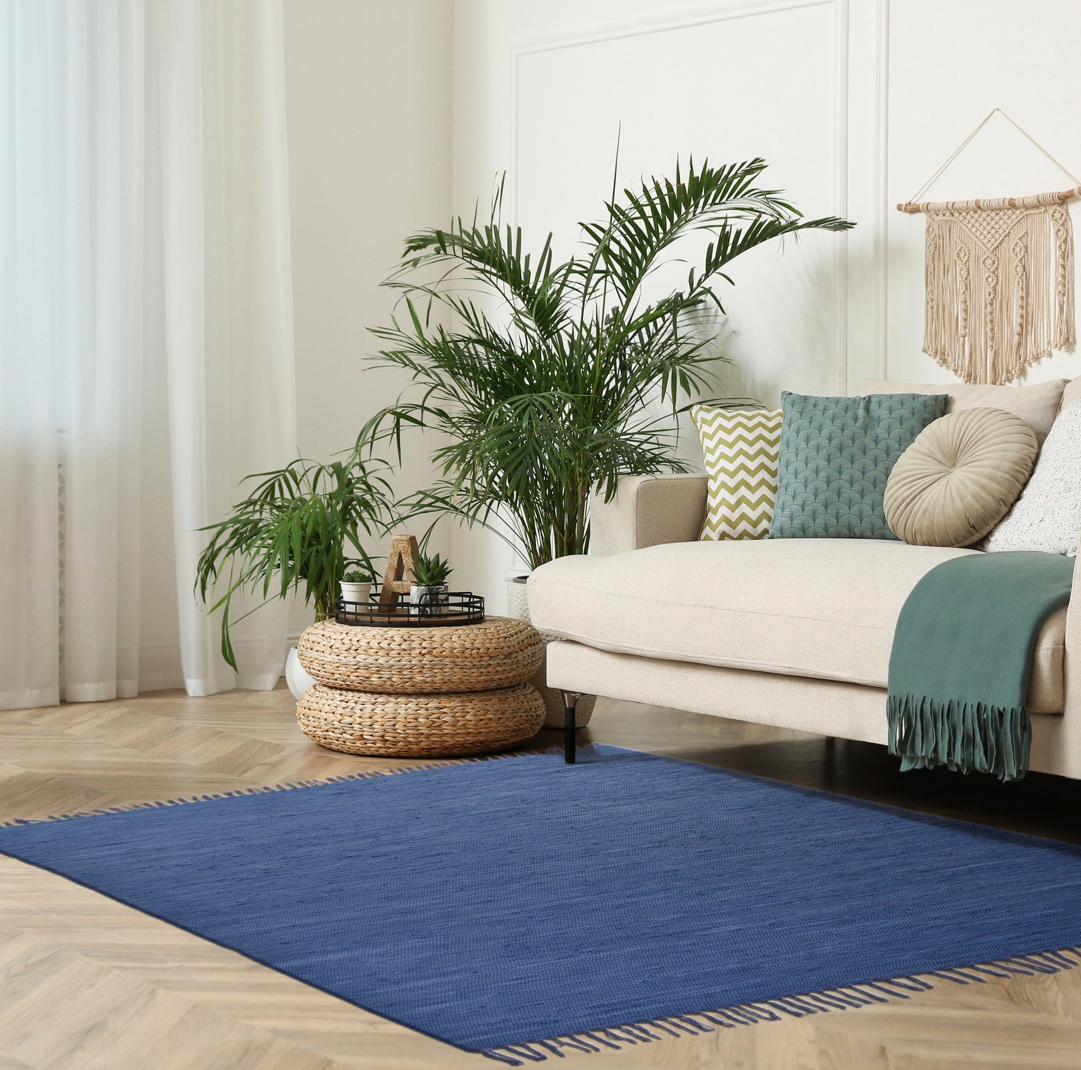 my home Vloerkleed Cadis Keerbaar tapijt, met franjes, effen kleuren, handgeweven, puur katoen