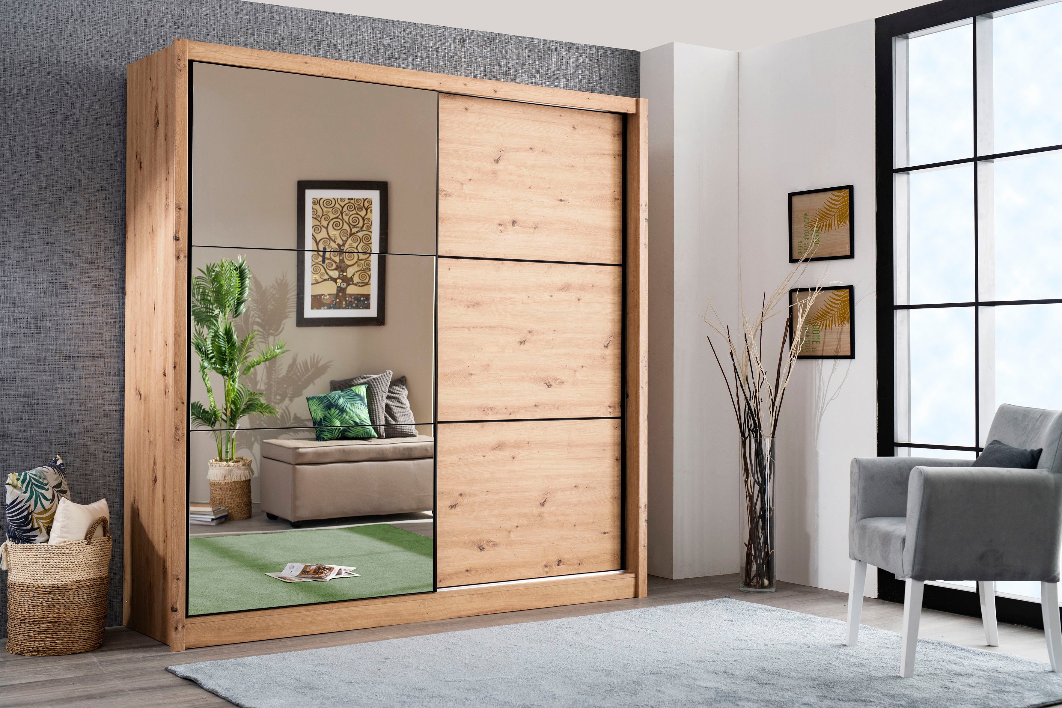 INOSIGN Zweefdeurkast Navara kledingkast met spiegel linnenkast garderobe met royale binnenuitrusting, fsc-gecertificeerd, in 3 breedtes