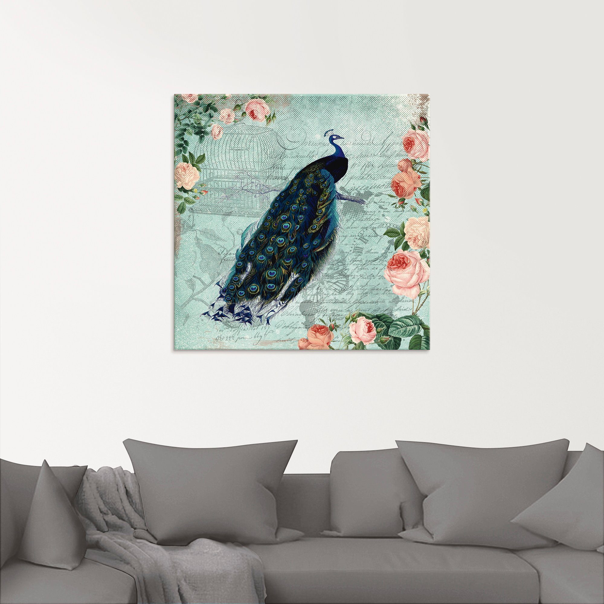 Artland Print op glas Vintage rozen en pauw illustratie