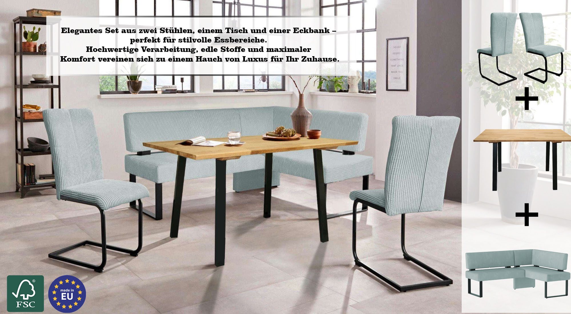 Home affaire Eethoek Oliver Hoekbank met golfvering in de zitting, tafel massief eiken (set, 4-delig)