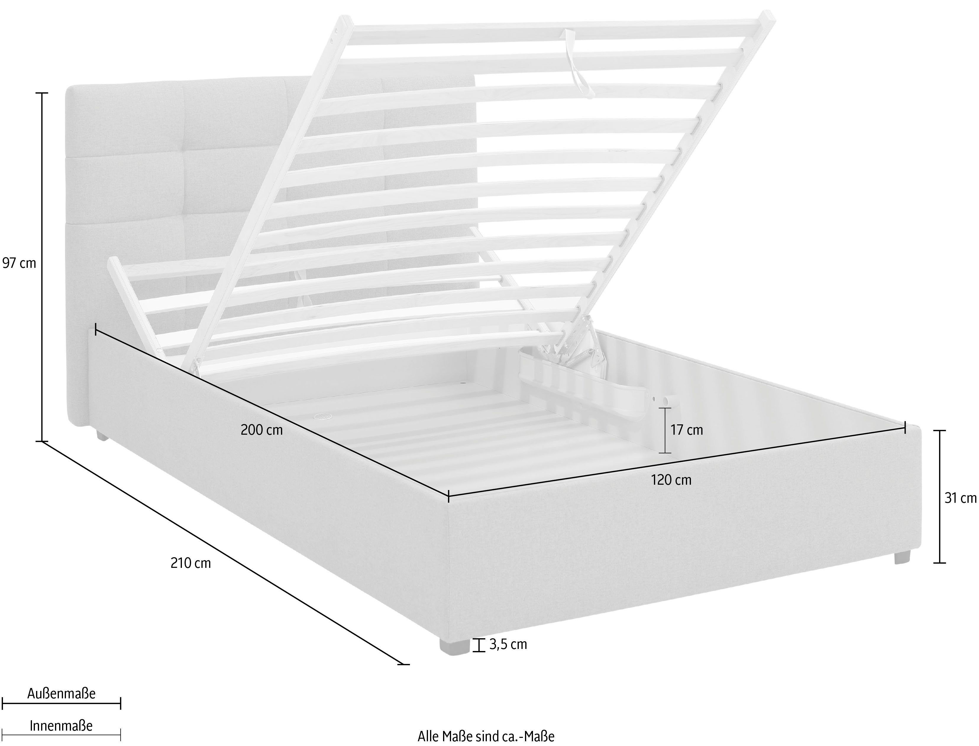 Lüttenhütt Gestoffeerd bed Endres met bedkist, naar keuze zonder matras/lattenbodem of incl. matras