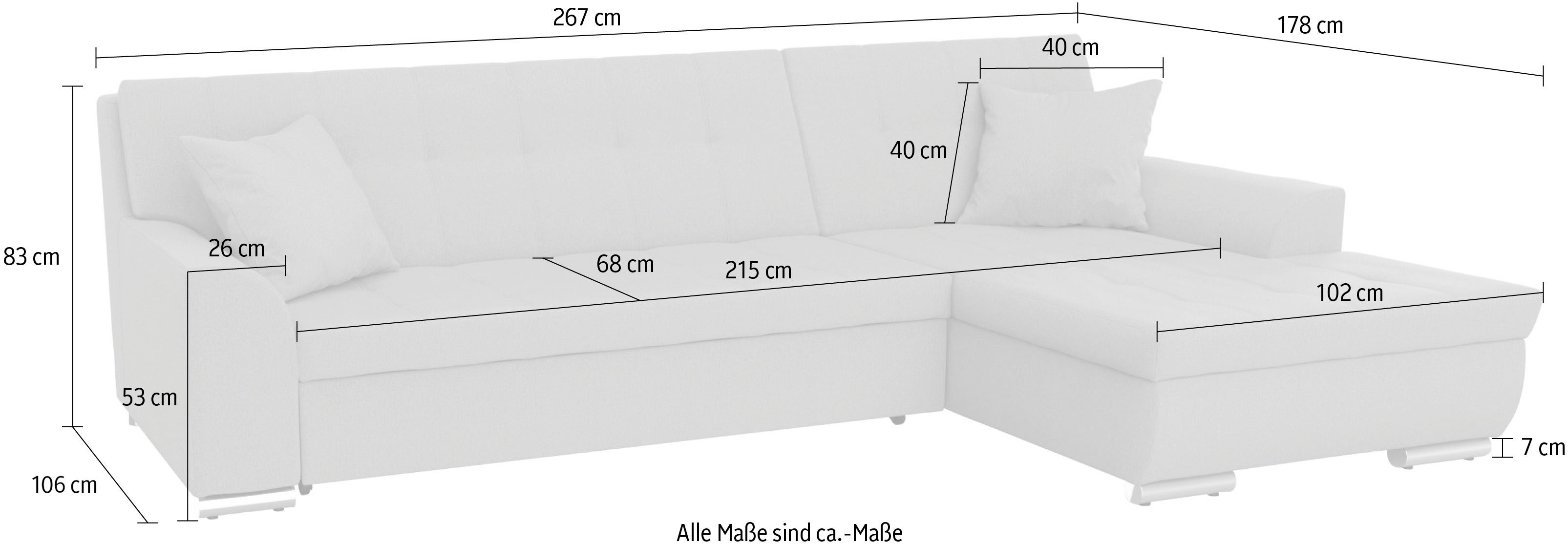 DOMO collection Hoekbank Treviso veel bekledingen, ook in cord, L-vorm, B/D/H: 267/80/83 cm optioneel met slaapbank functie, incl. sierkussens, hoogwaardig doorgestikt patroon