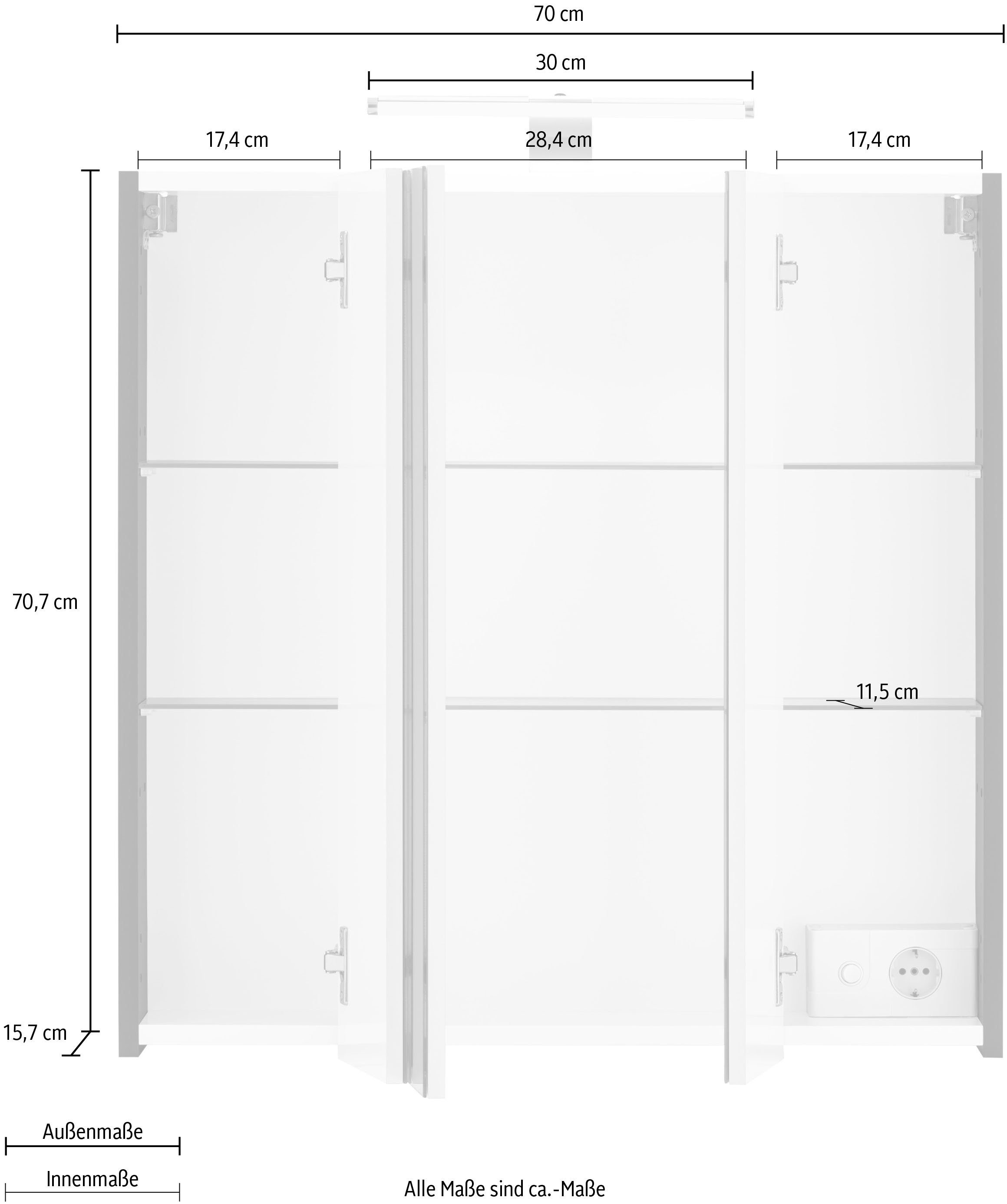 Schildmeyer Spiegelkast LAGONA Breedte 70 cm, 3-deurs, ledverlichting, schakelaar-/stekkerdoos