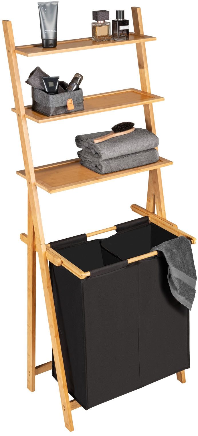WENKO Wasmand met sorteerfunctie Ladderrek Ecori met wasverzamelaar Frame van bamboe, 3 schappen, textiel van 100% gerecycled polyester
