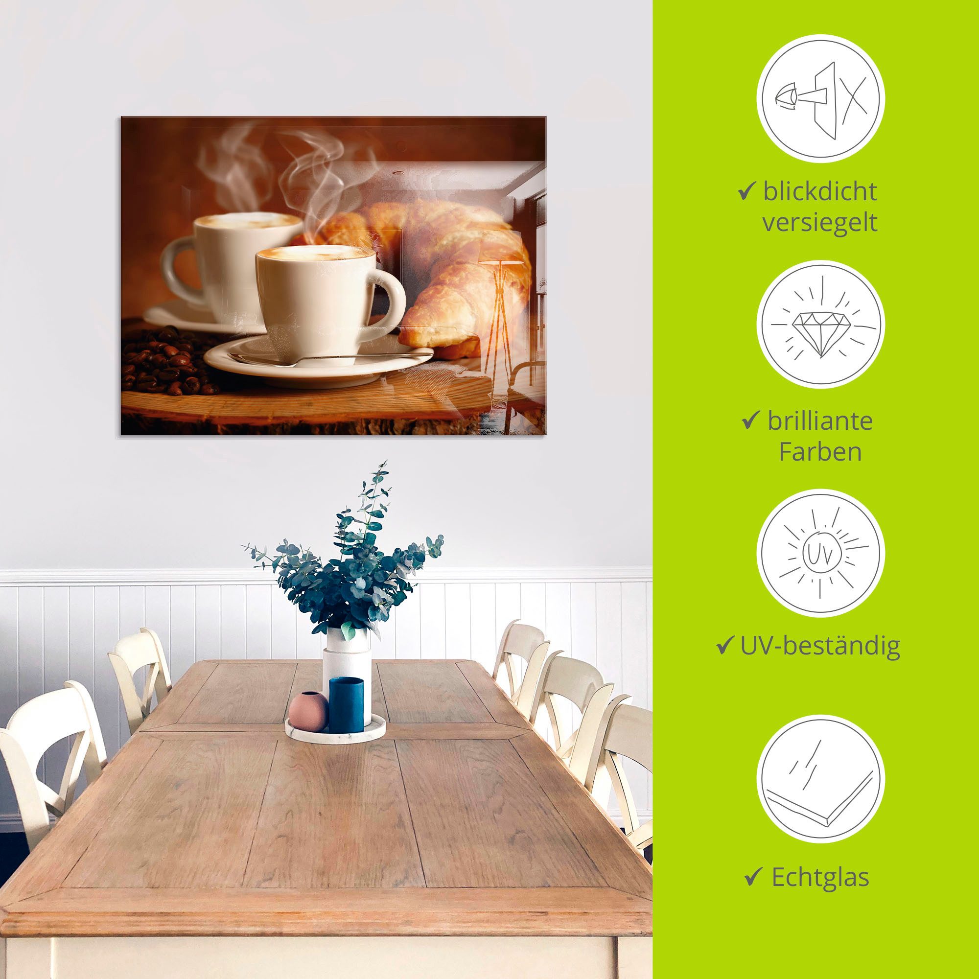 Artland Print op glas Stomende cappuccino en croissant