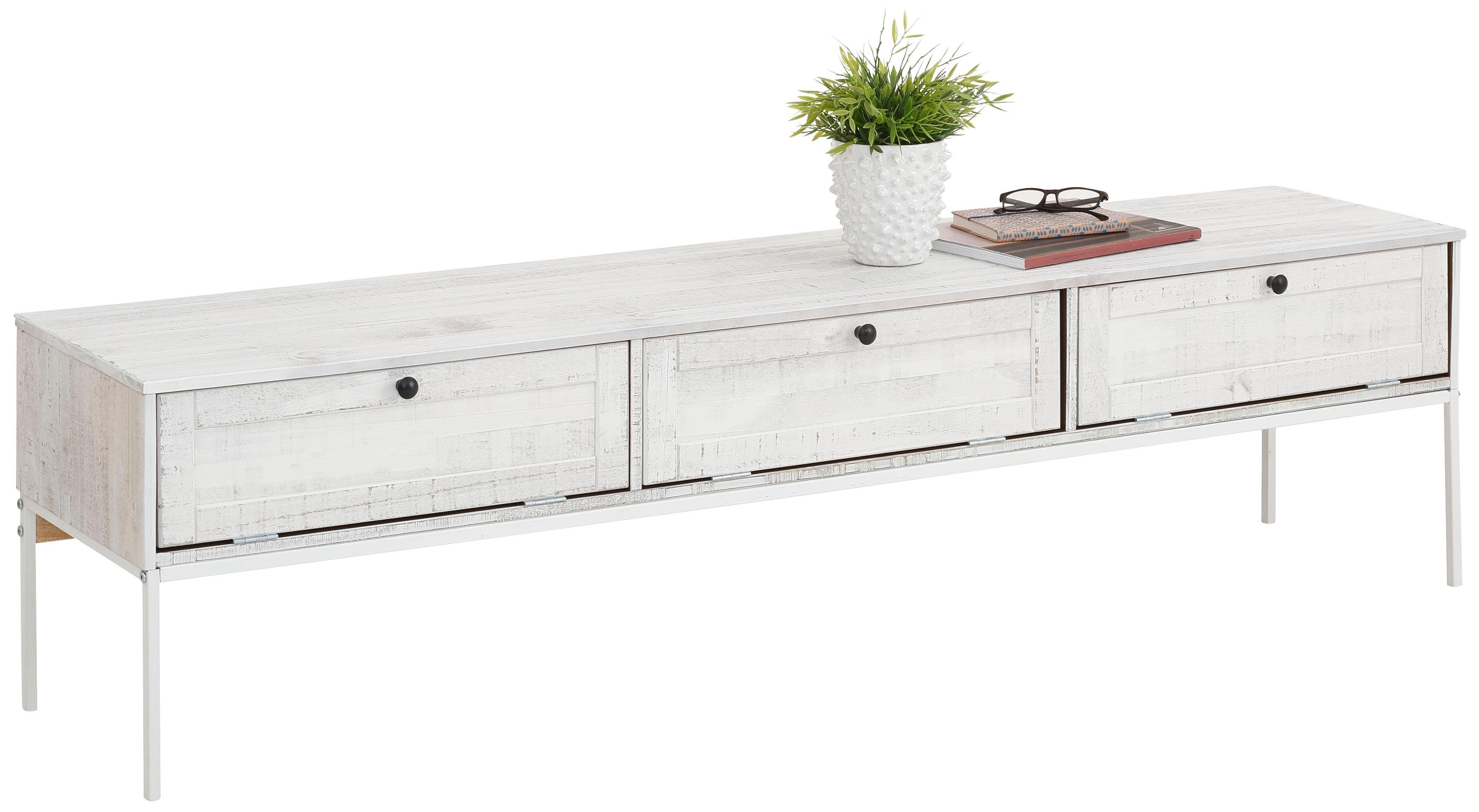 Home affaire Tv-meubel Freya Commode met 3 kleppen, metalen handgrepen, van massief hout, breedte 175 cm lowboards beige