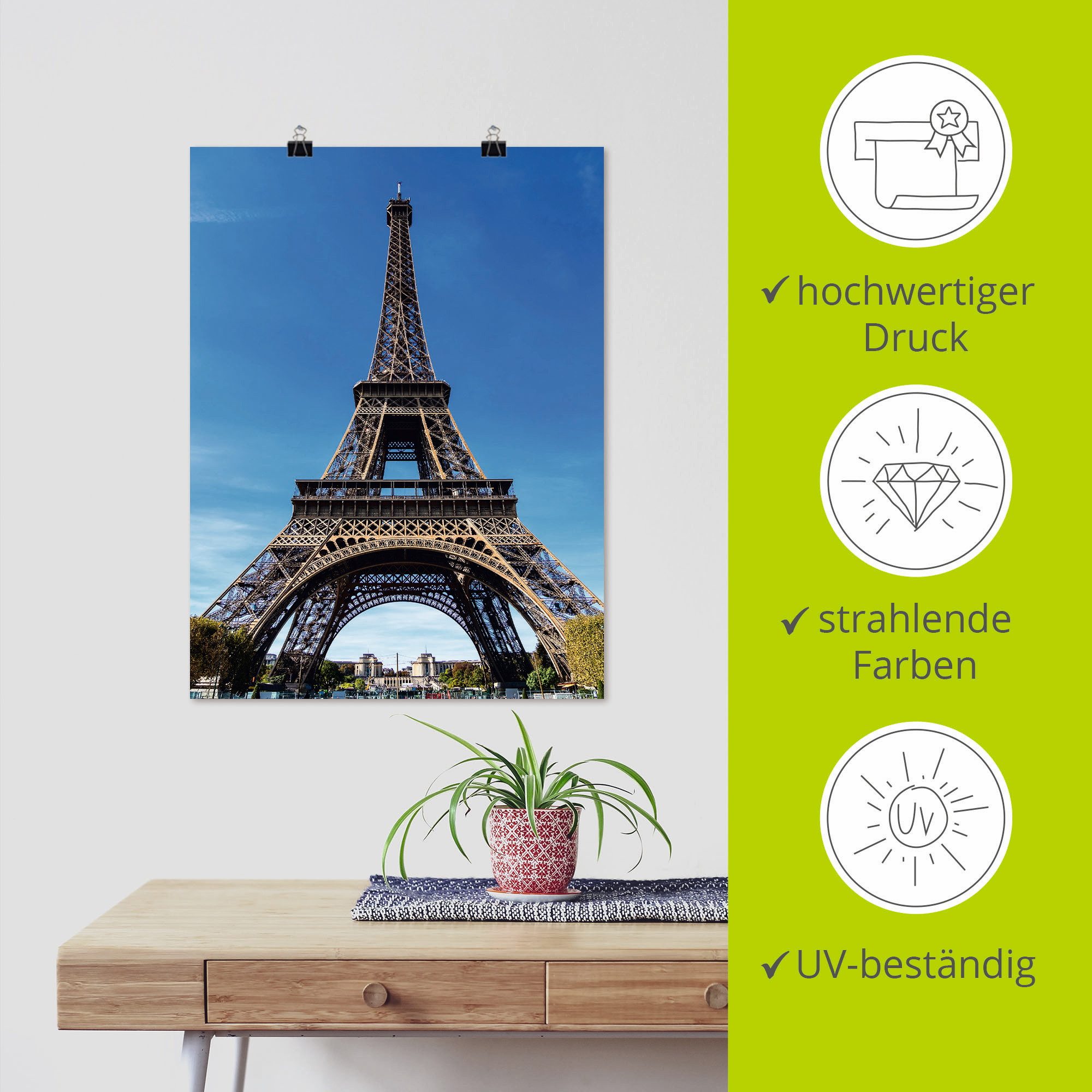 Artland Poster Blik op de Eiffeltoren in Parijs II als artprint van aluminium, artprint op linnen, muursticker of poster in verschillende maten