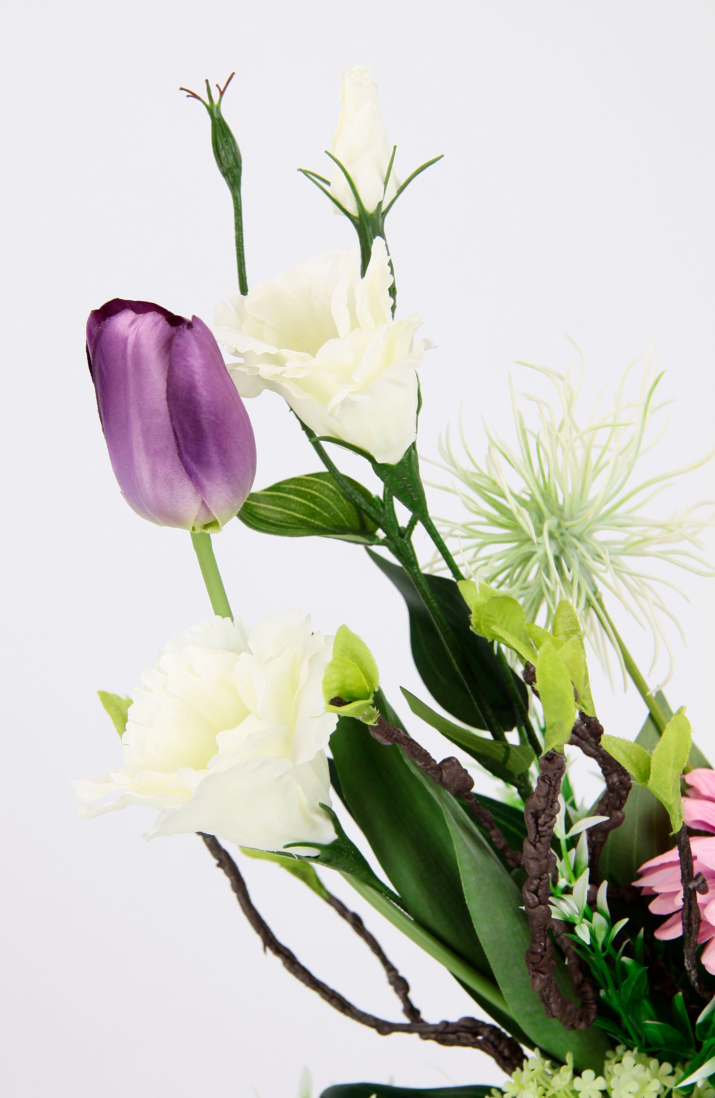 I.GE.A. Kunstbloem Arrangement ranonkel/Lysianthus Plantenschaal van schors met mos (1 stuk)