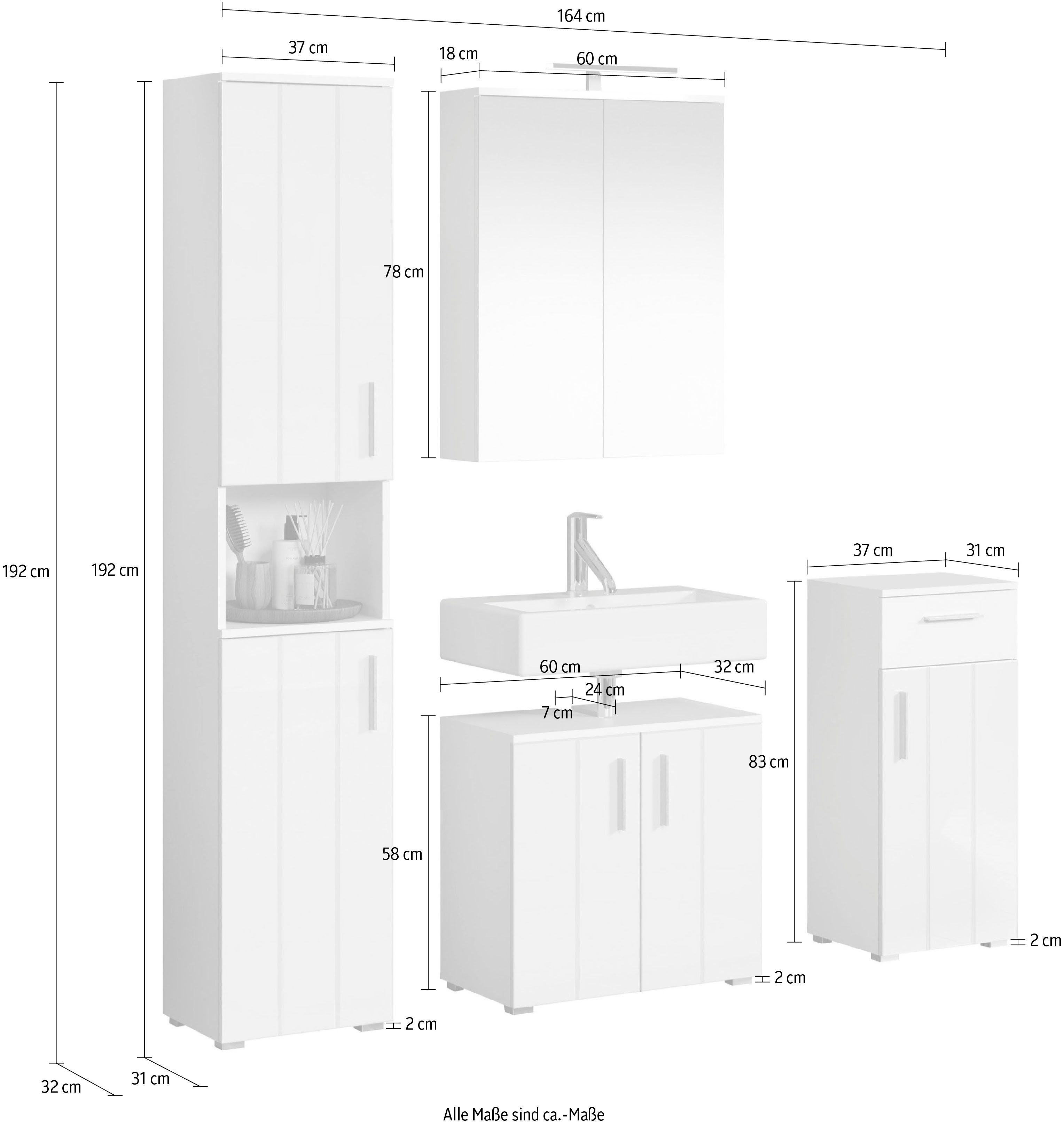 welltime Badkamerset Praag Badmeubels - hoge kast, wastafel, spiegelkast en onderkast (set, 4-delig)