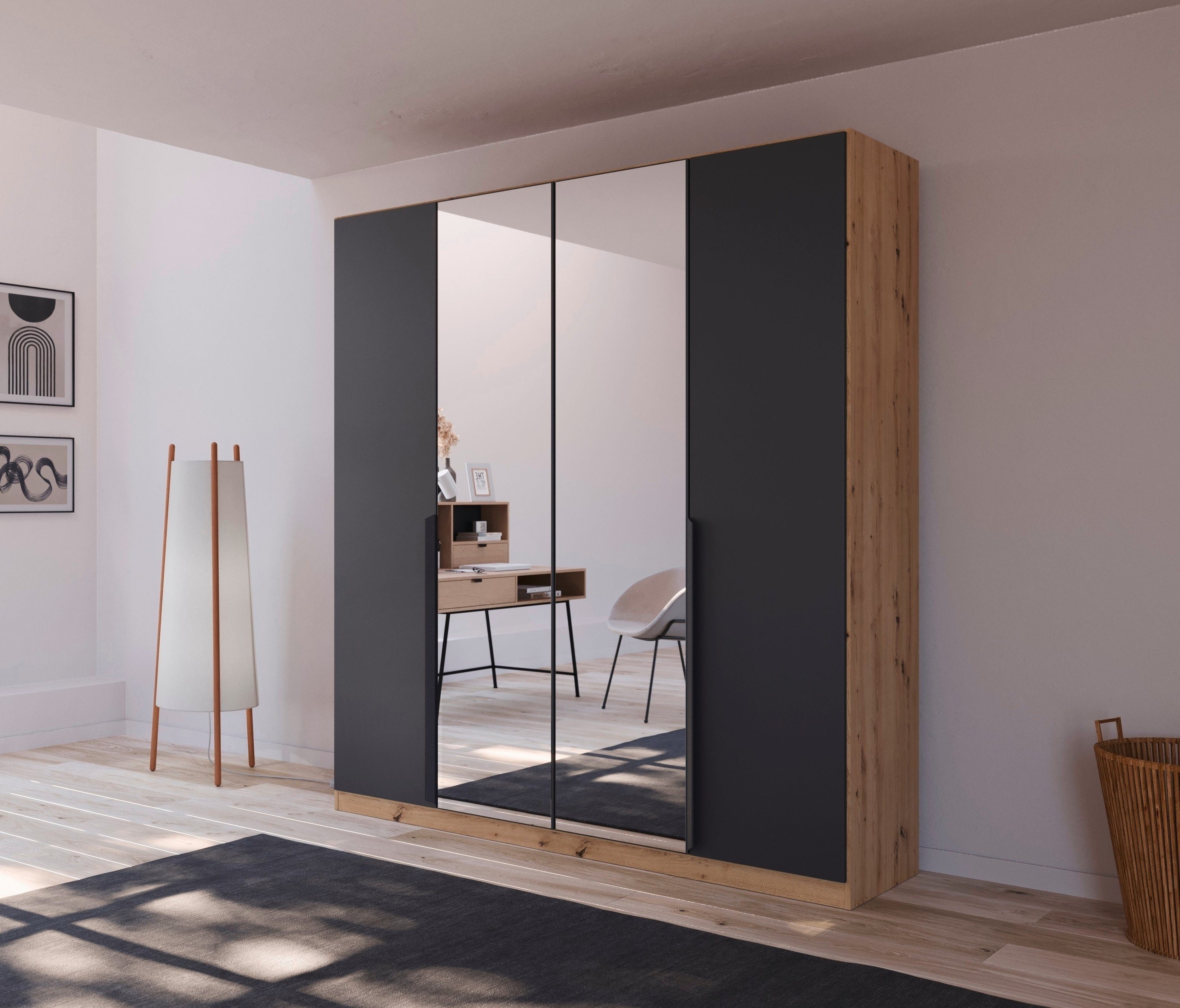 rauch Draaideurkast Dark&Wood by Quadra Spin in industriële stijl met metalen stanggrepen, met spiegel