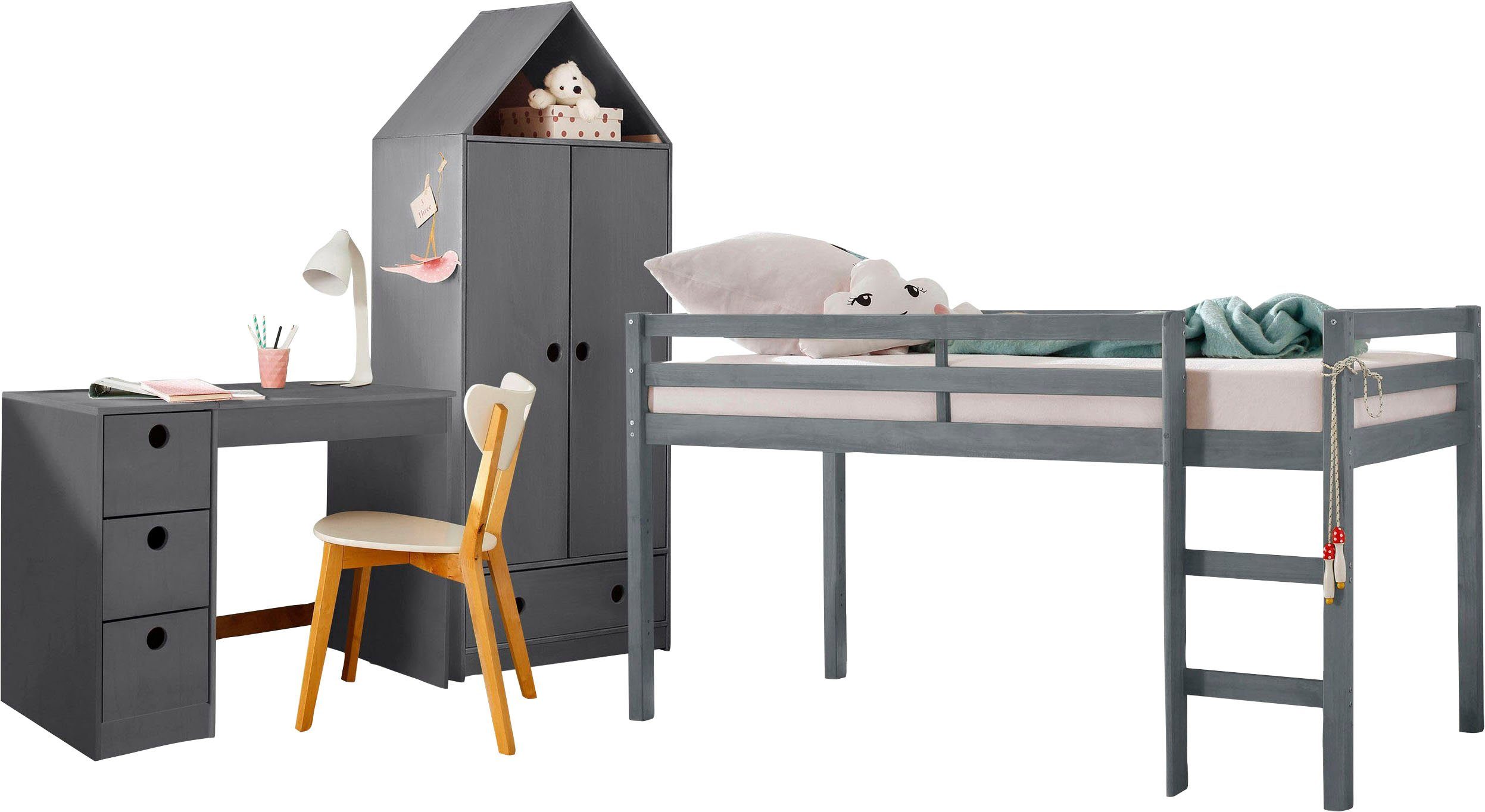 Lüttenhütt Tienerkamerset Alpi Hoogslaper, bureau en kledingkast in huiselijke stijl, ruimtebesparend (voordeelset, 3-delig) complete kinderkamers