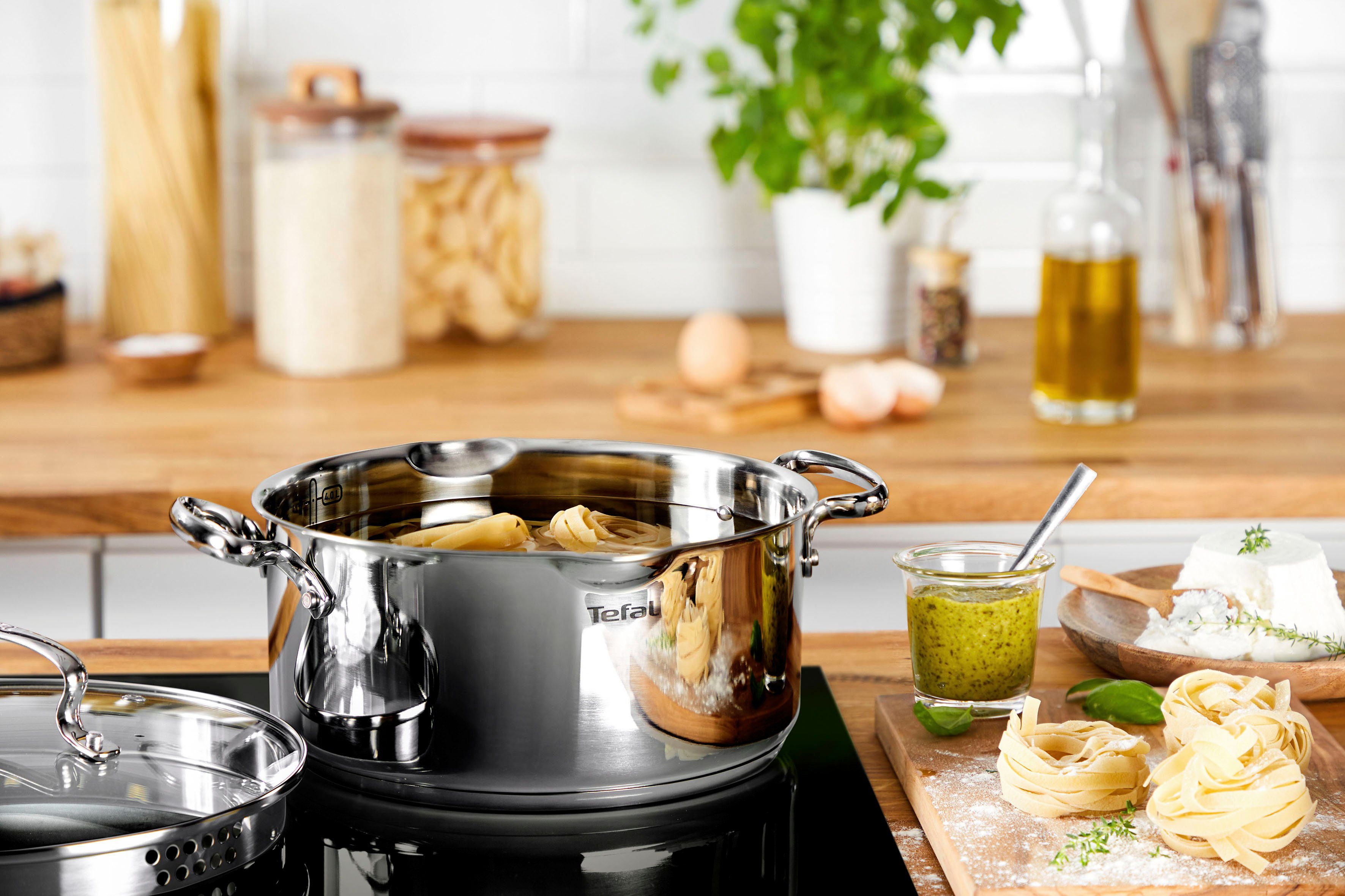 Tefal Kookpan Duetto+ hoogglans gepolijst, glazen deksel met zeeffunctie