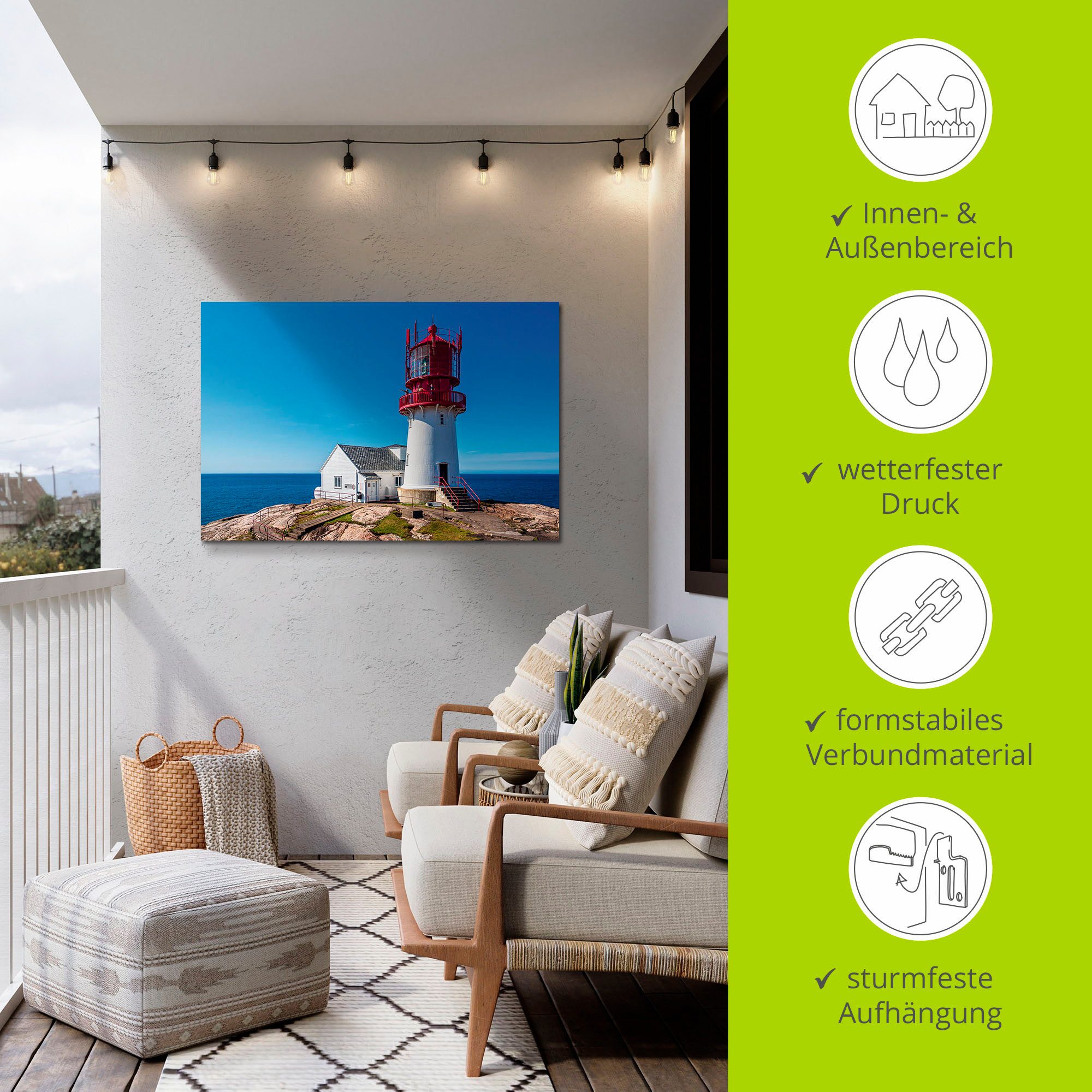 Artland Aluminium dibond print De vuurtoren Lindesnes Fyr in Noorwegen geschikt voor binnen en buiten, buitenafbeelding