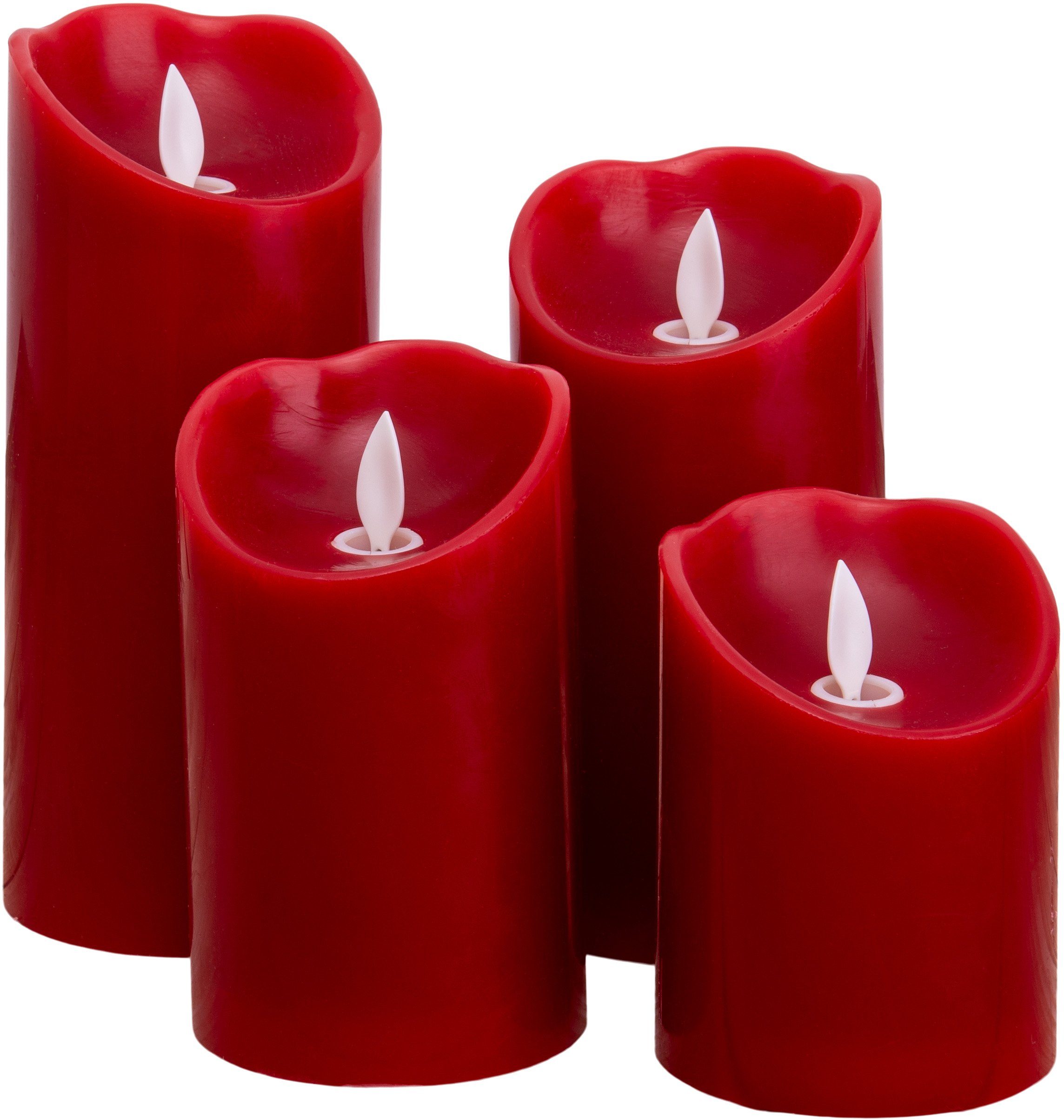 näve Sierverlichting Kaarsen 4-delige set (hoogte 10cm, 12,5cm, 15cm, 17,5cm) rood dimbaar timer ø 7,5cm (1 stuk)