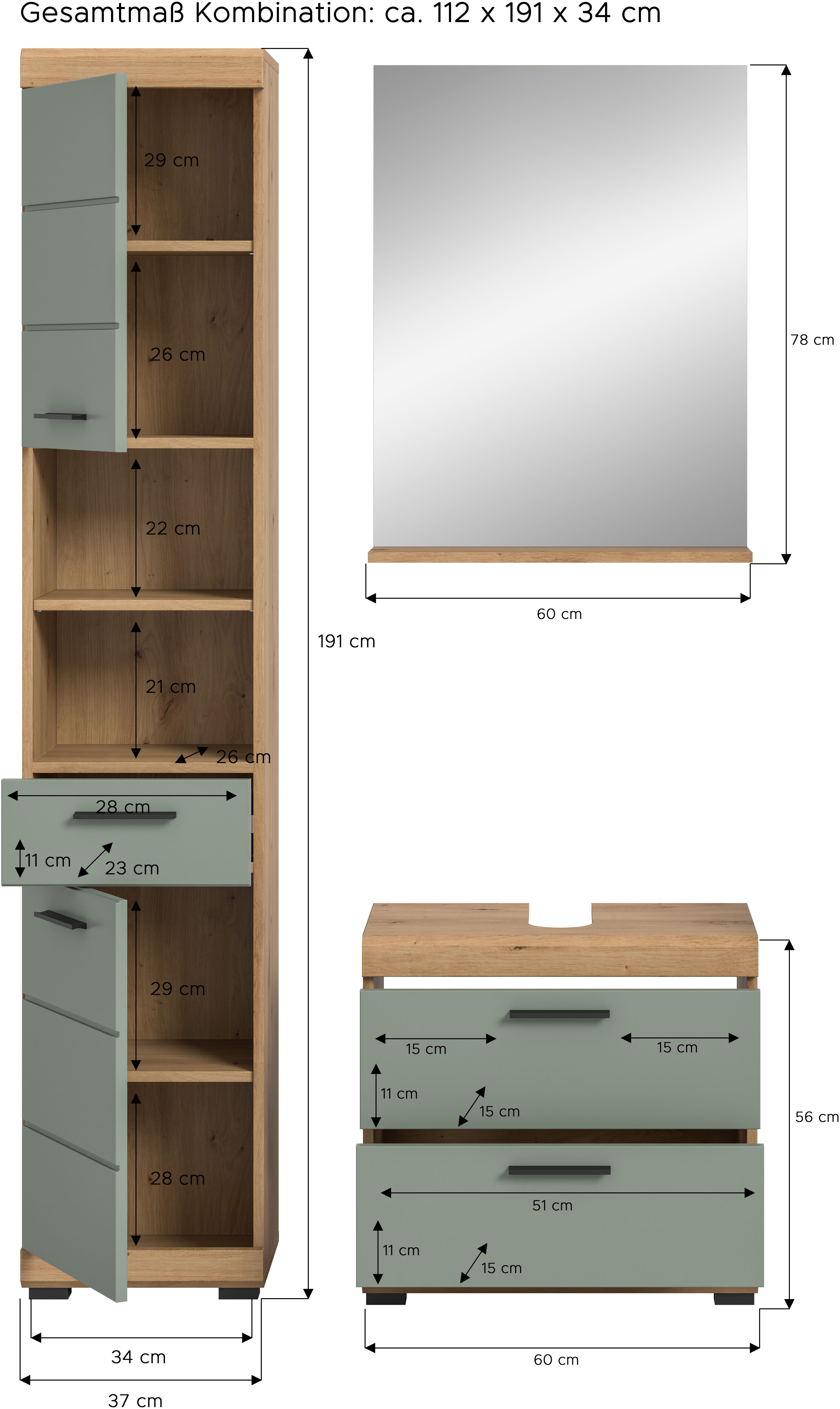 INOSIGN Badkamerserie Siena, 3-delig, bestaande uit: Hoge kast, wastafelonderkast, spiegel (set, 3-delig)