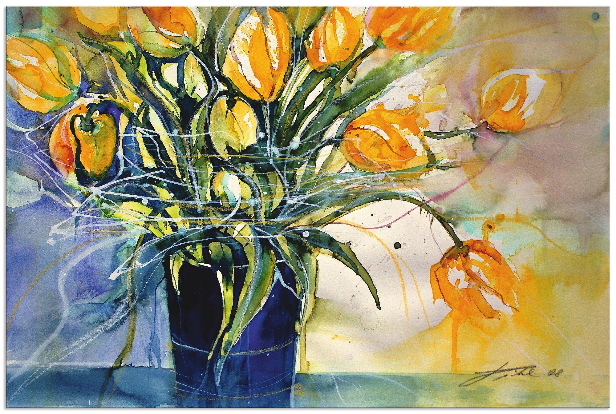 Artland Artprint Gele tulpen in zwarte vaas in vele afmetingen & productsoorten - artprint van aluminium / artprint voor buiten, artprint op linnen, poster, muursticker / wandfolie