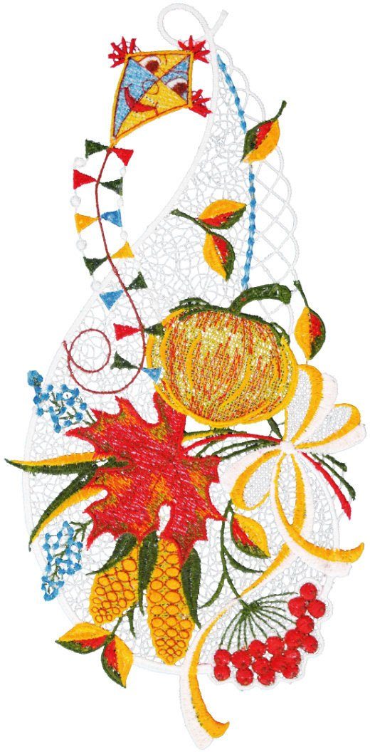 W. Reuter & Sohn - Plauener Spitze Raamdecoratie "pompoen met draken" in kleur raamdecoratie multicolor