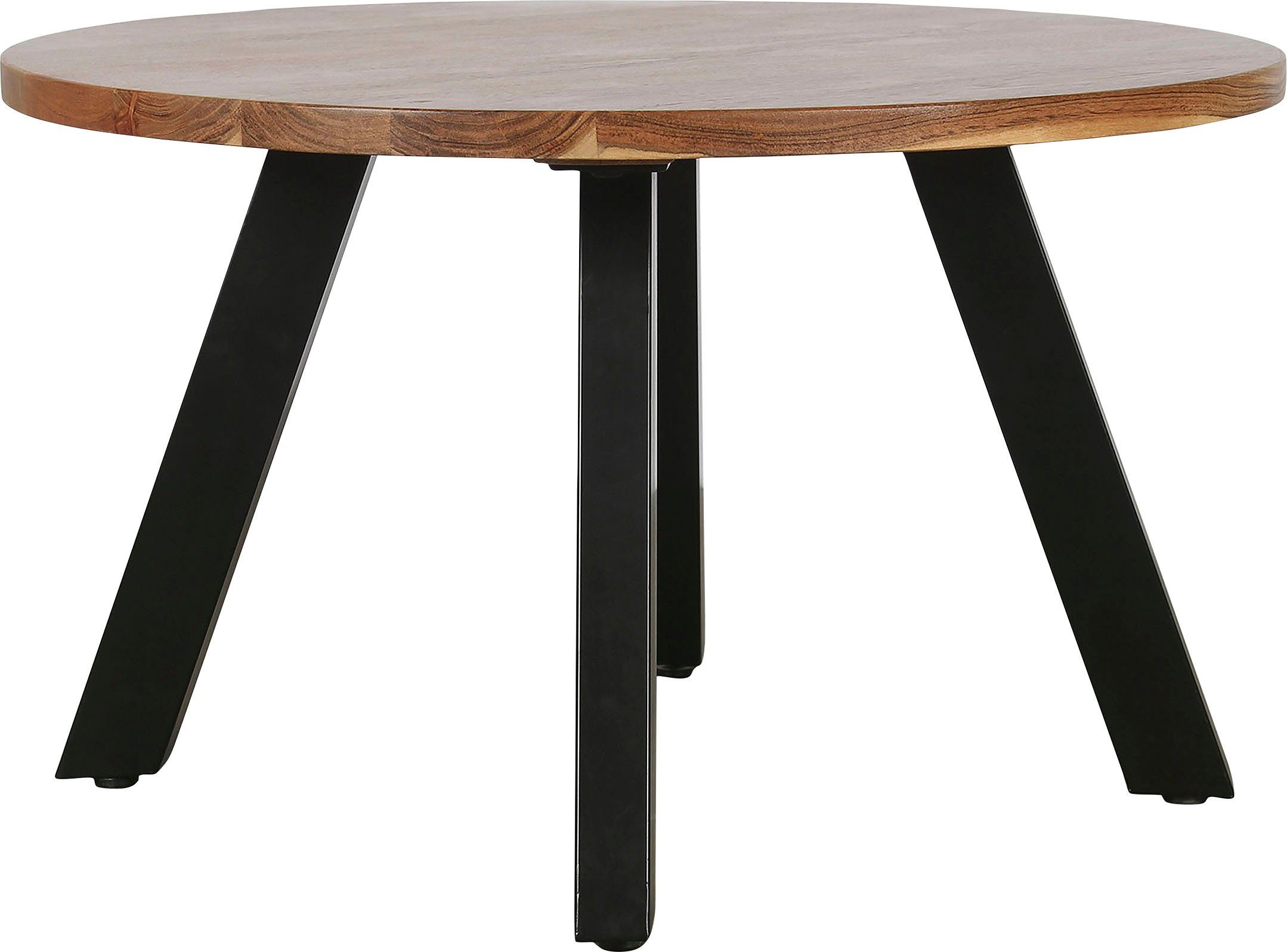 byLIVING Salontafel Ulm met massief acaciahout - plaat en zwarte metalen frame, rond 75 cm.