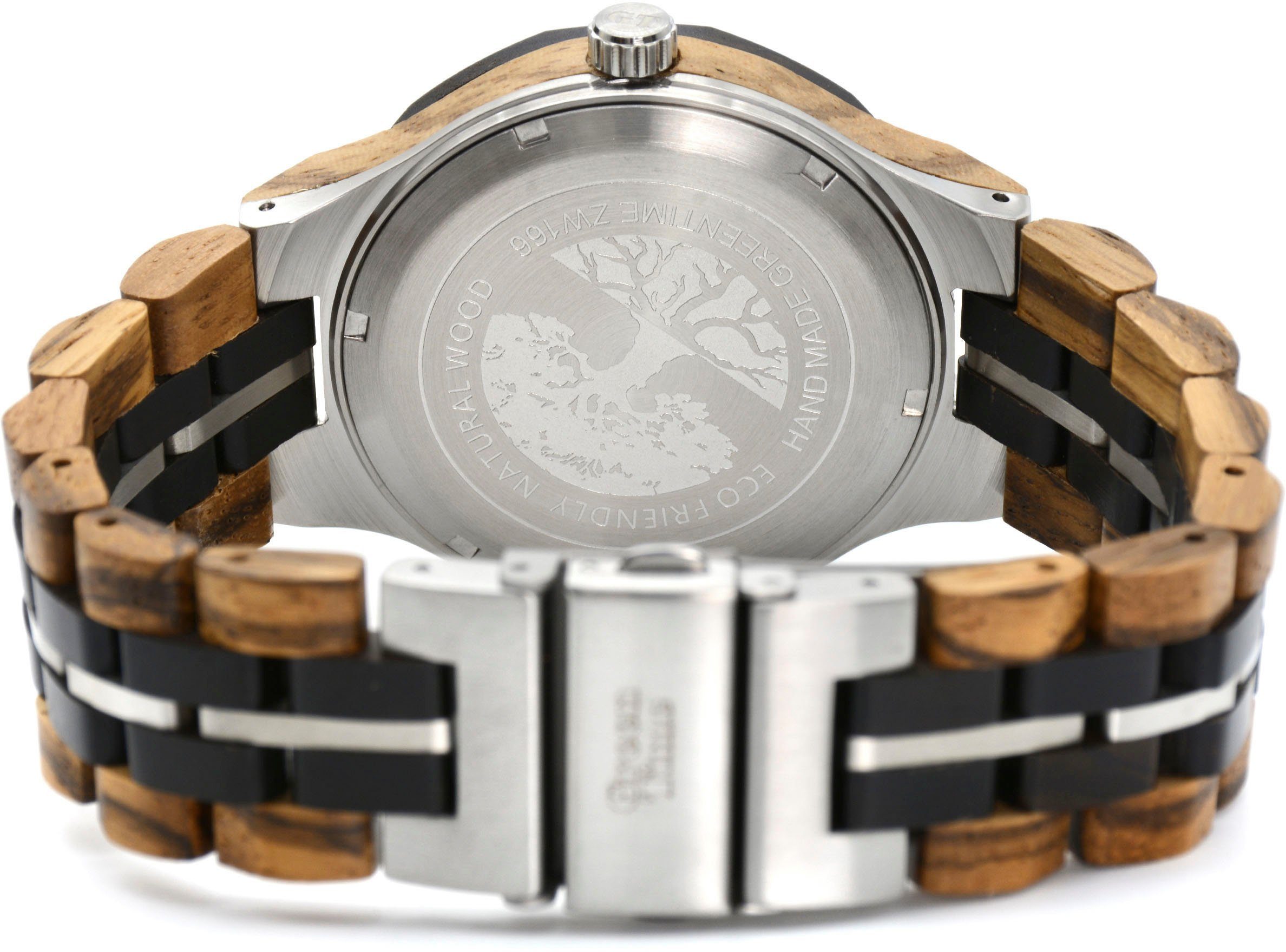 GreenTime Kwartshorloge ZW166C Polshorloge, herenhorloge, houten horloge, datum