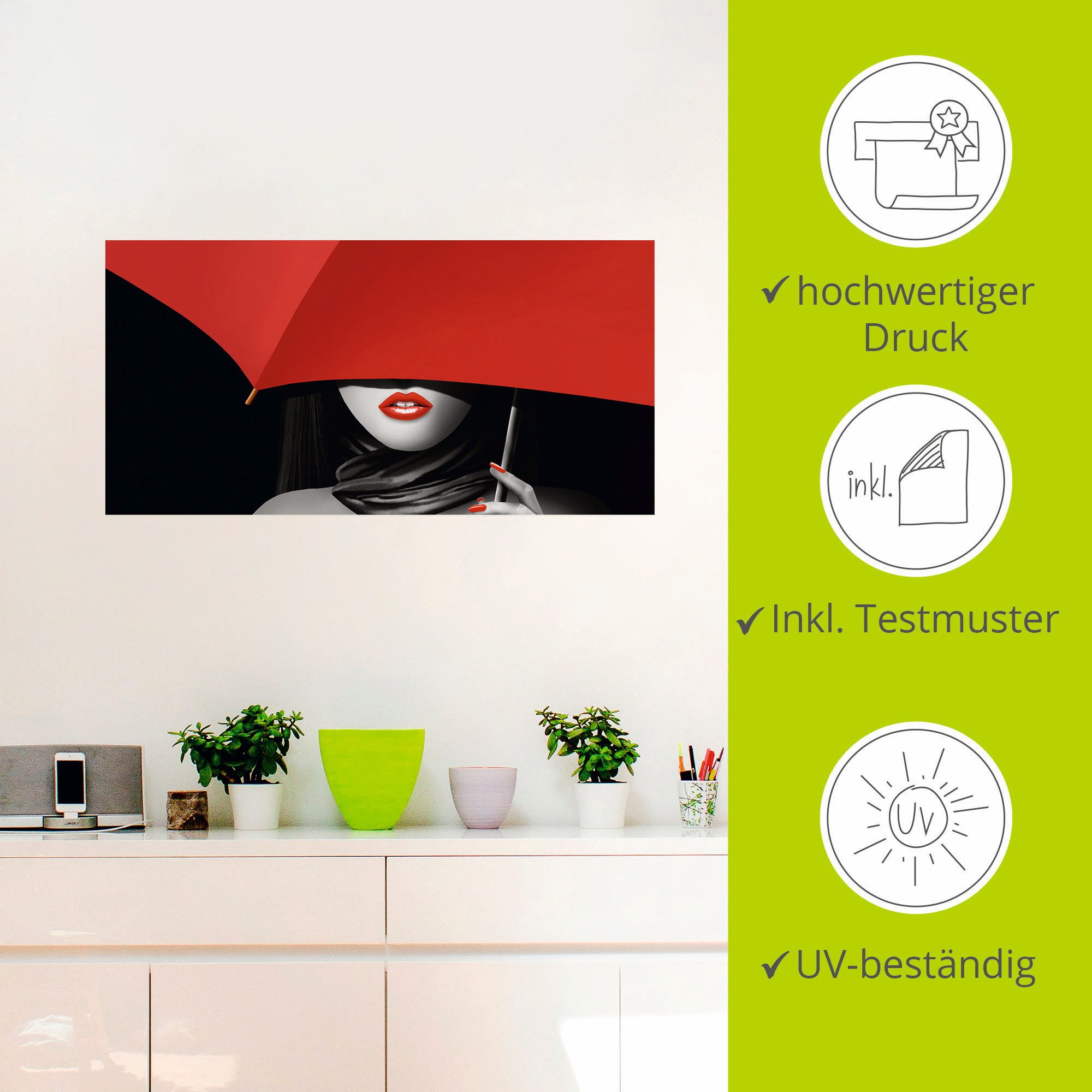 Artland Artprint Rode lippen onder de paraplu als artprint van aluminium, artprint voor buiten, poster, muursticker in diverse maten formaten