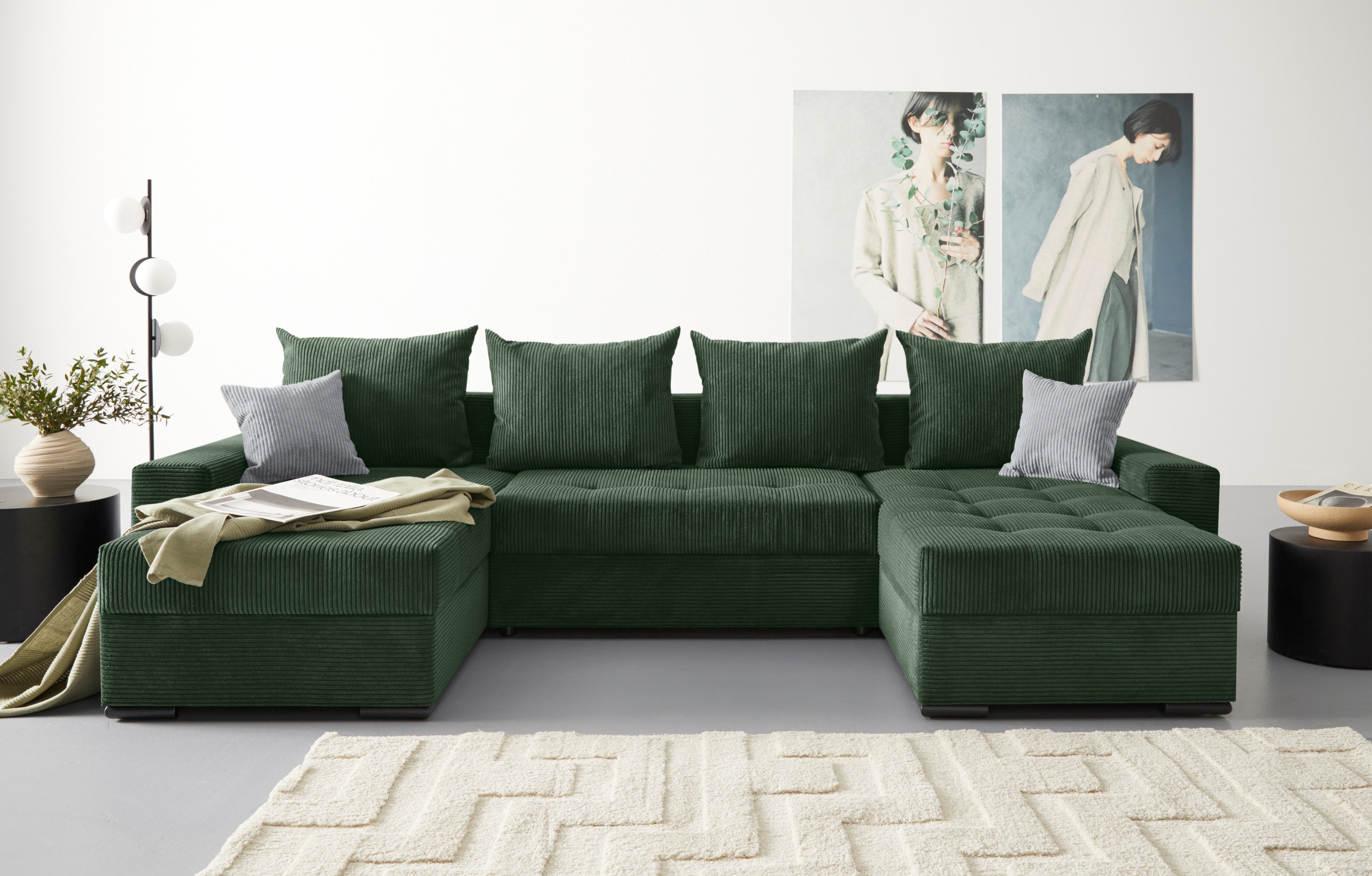COLLECTION AB Zithoek XL-Josy U-vorm, breedte 313 cm, cord-/mix incl. bedfunctie, bedlade, met 4 gelijk grote rugkussens