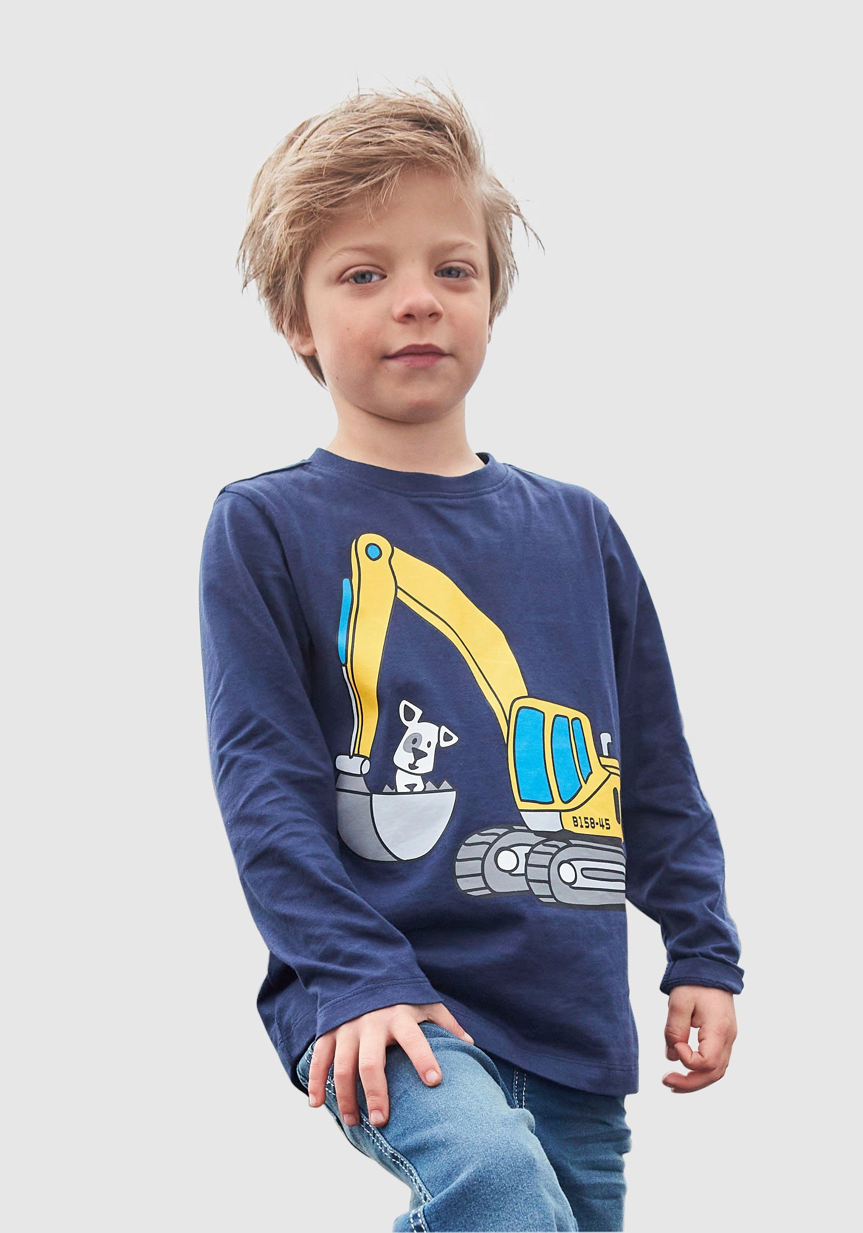 kidsworld shirt met lange mouwen hond met graafmachine blauw
