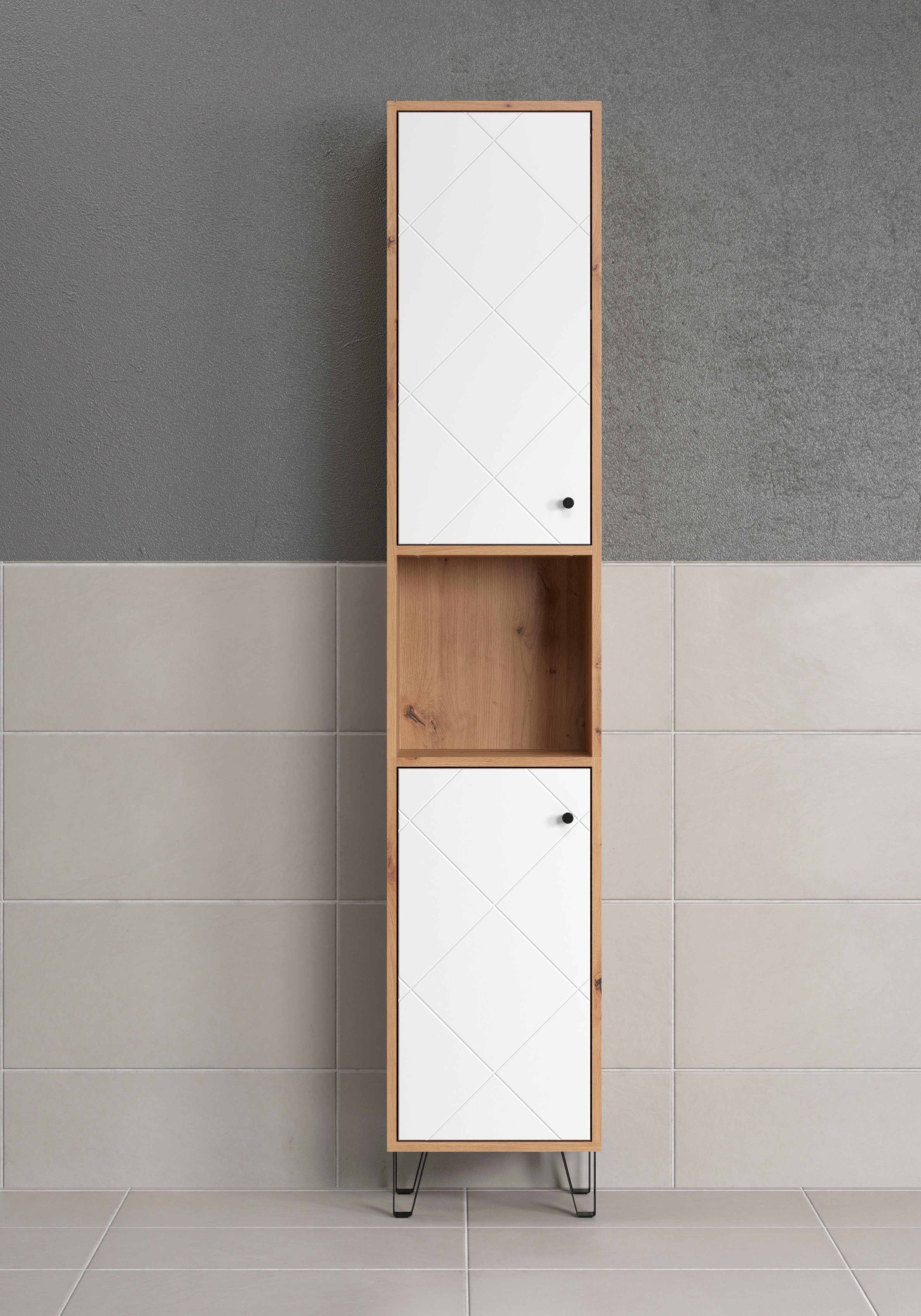 Places of Style Hoge kast Tarragona Breedte 36 cm, 2 deuren, retro metalen poten, mat, bruine hout-look / wit (1 stuk)