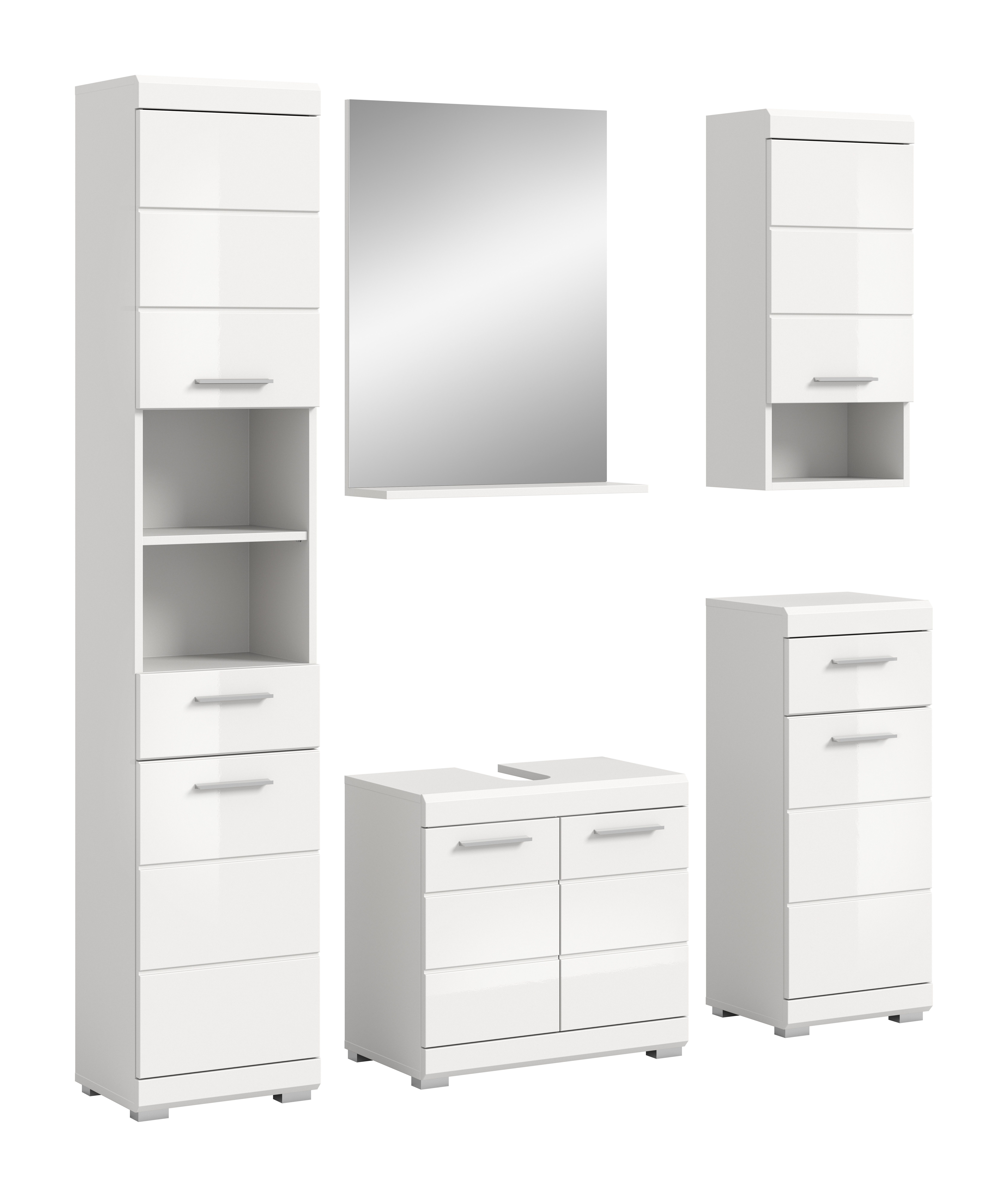 INOSIGN Badmeubelset Siena, 5-delig, bestaande uit: Hoge kast, WBU, spiegel, onderkast, hangkast (set, 5 stuks) badmeubelsets wit