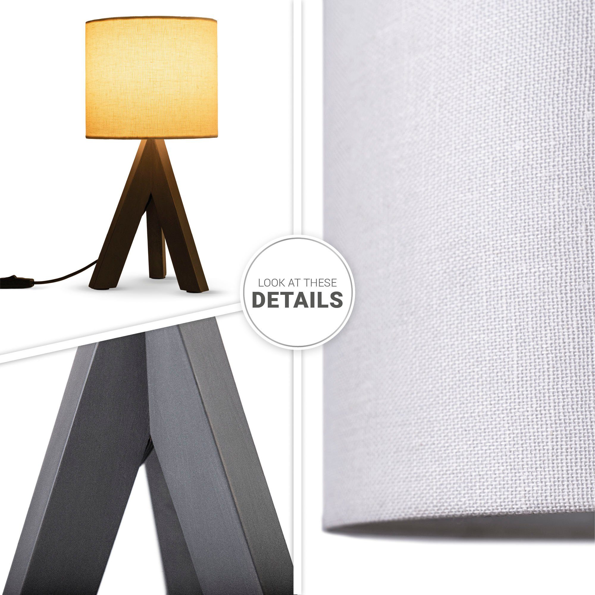 Paco Home Tafellamp BAJO CANVAS UNI COLOR Driepotig massief hout, textielscherm uni linnen, Ø 17 cm, H. 35 cm