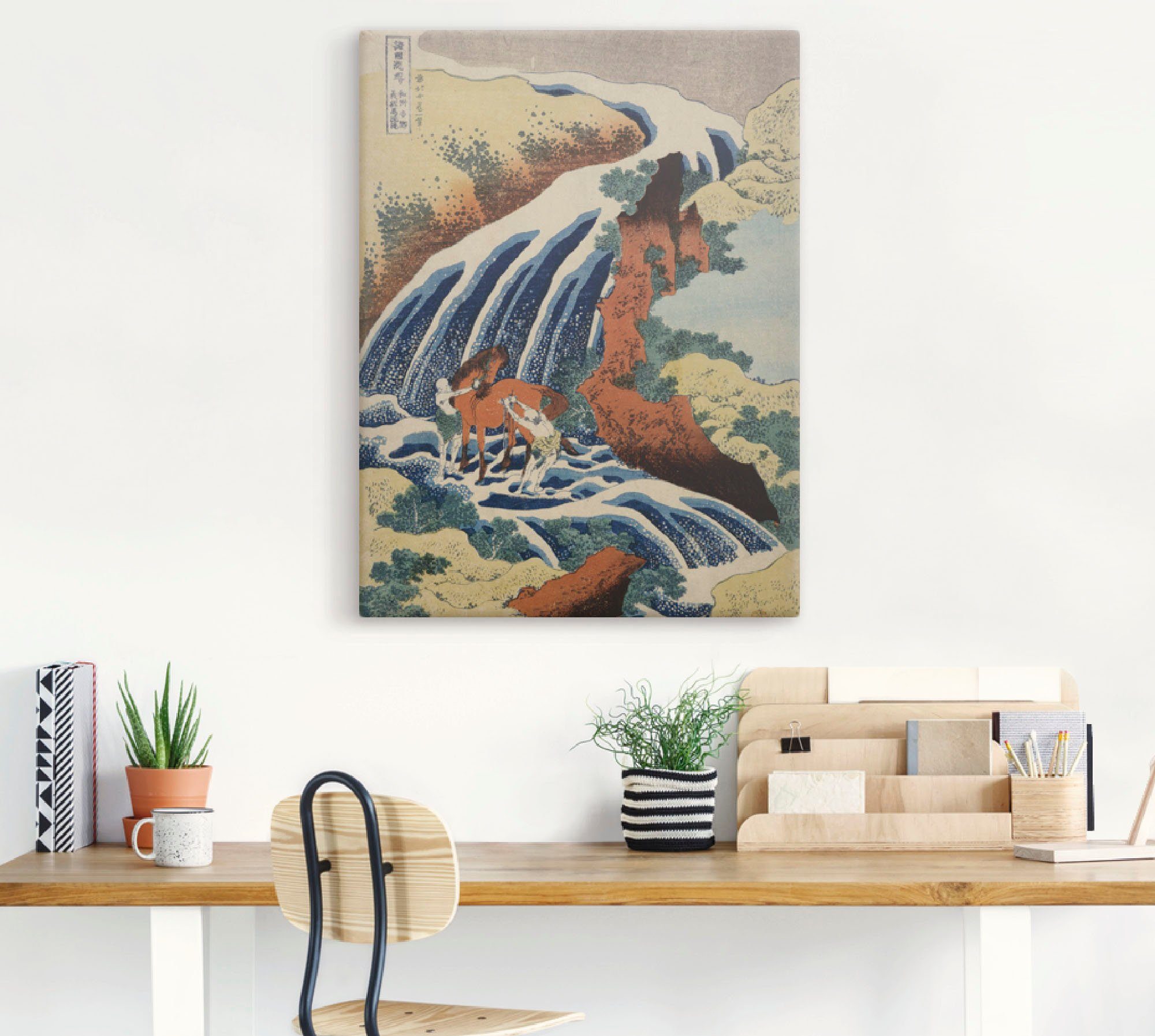 Artland Artprint Mannen wassen een paard bij de waterval als artprint op linnen, muursticker of poster in verschillende maten