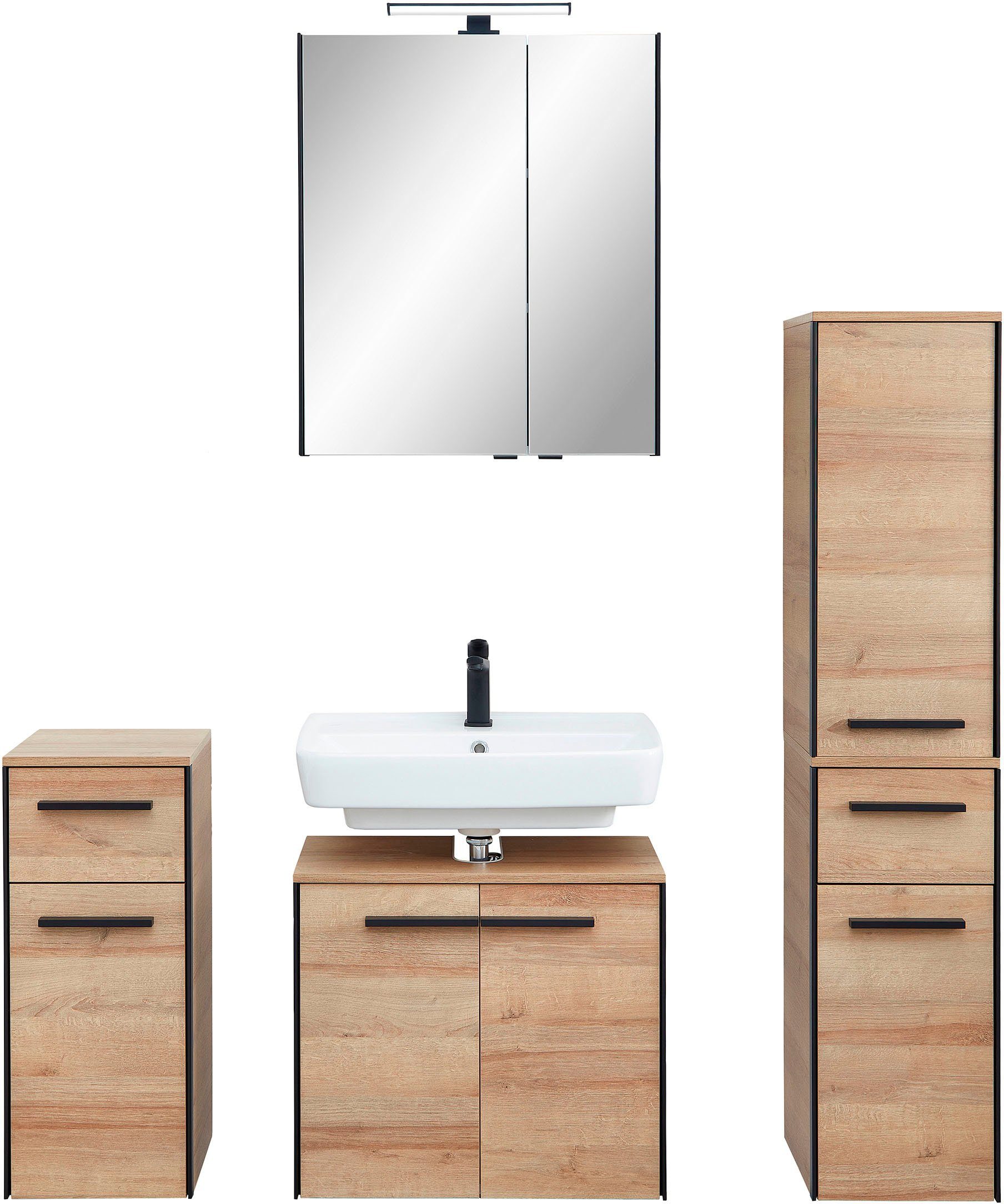 Saphir Badkamerserie Quickset 395 4-delig, wastafelonderkast met led-spiegelkast Onderkast, halfhoge kast, inclusief deurdemper, 7 deuren, 2 laden