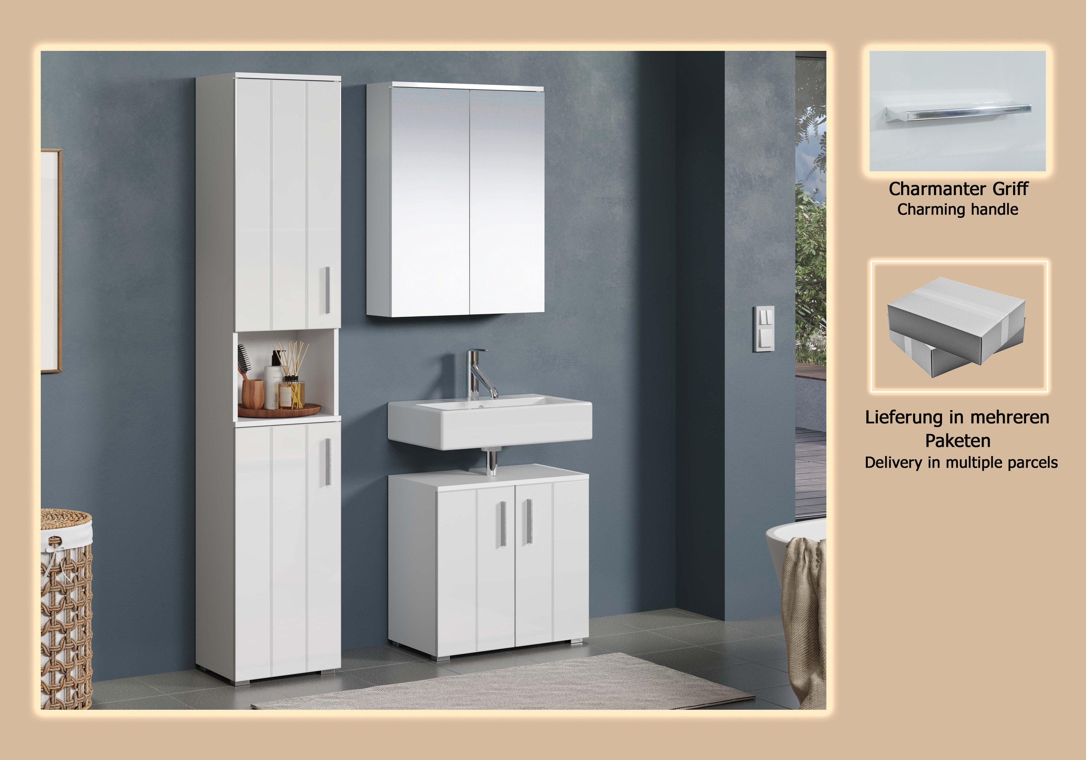 welltime Badkamerset Praag Hoge kast, wastafel en spiegelkast met verticale frezingen (set, 3 stuks)