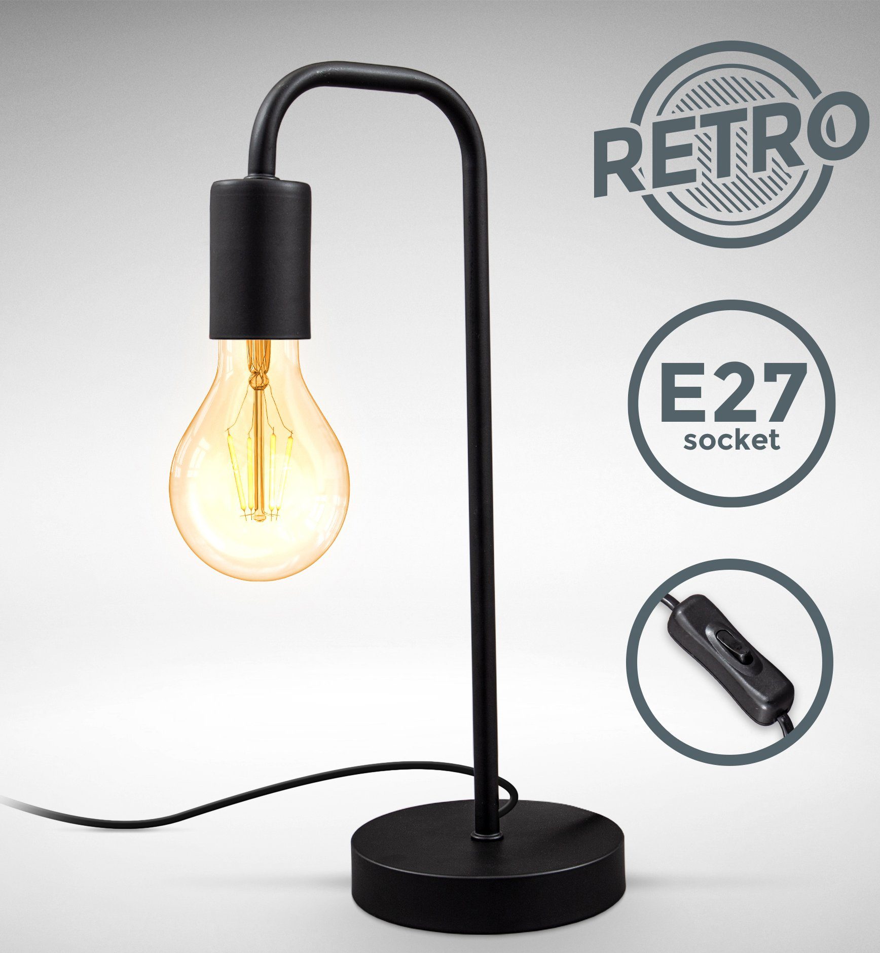 B.K.Licht Tafellamp BK_TL1381 Retro tafellamp, gebogen, mat zwart, E27 (1 stuk)