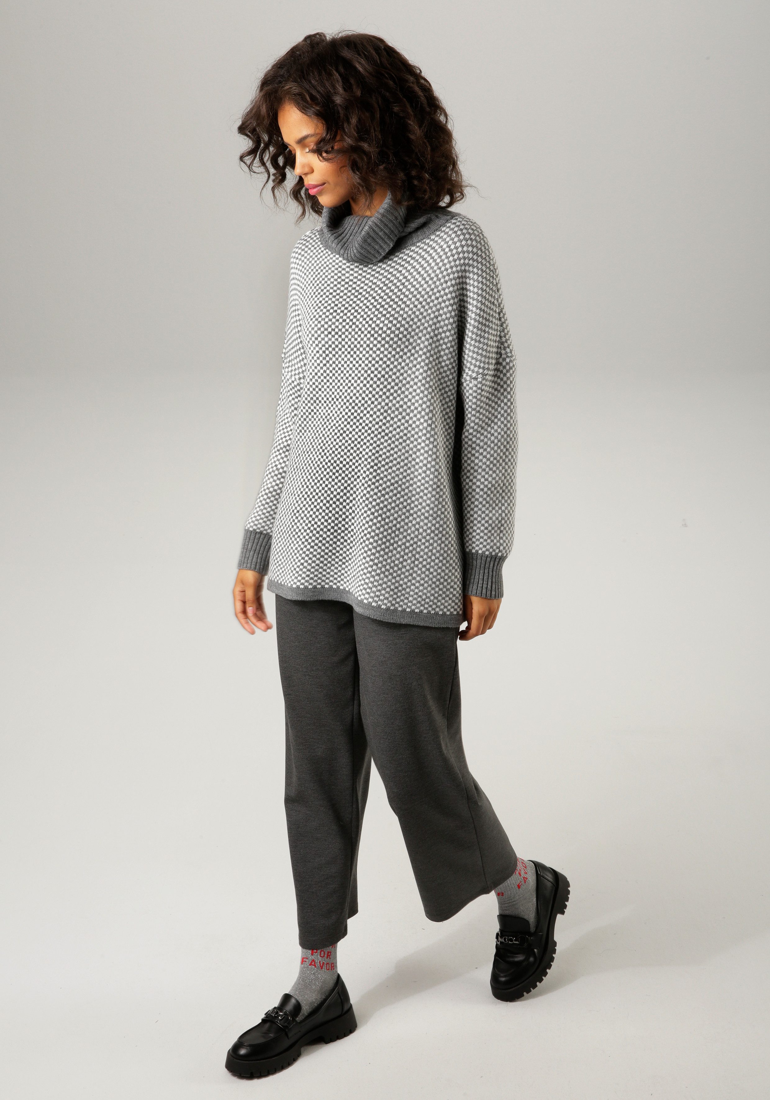 Aniston CASUAL Gebreide trui in ruitpatroon met streeplook