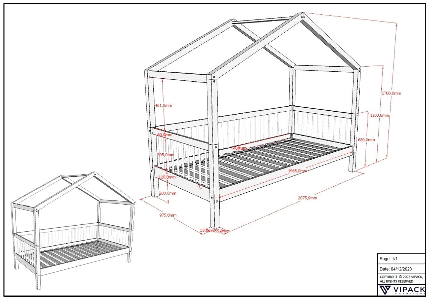 Home affaire Huisbed Forrest met dakconstructie, valbescherming aan de voorkant en textielhemel