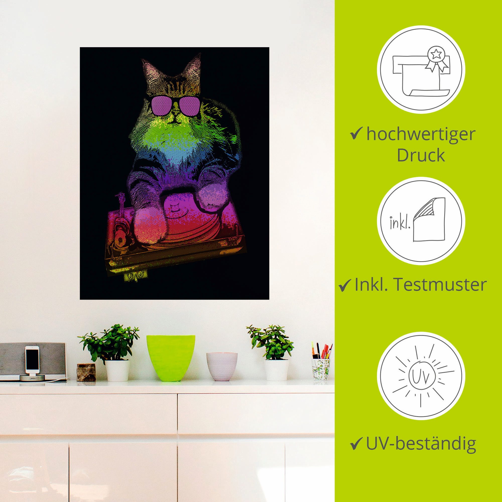 Artland Artprint Grappige dj kat party muziek als artprint van aluminium, artprint op linnen, muursticker of poster in verschillende maten