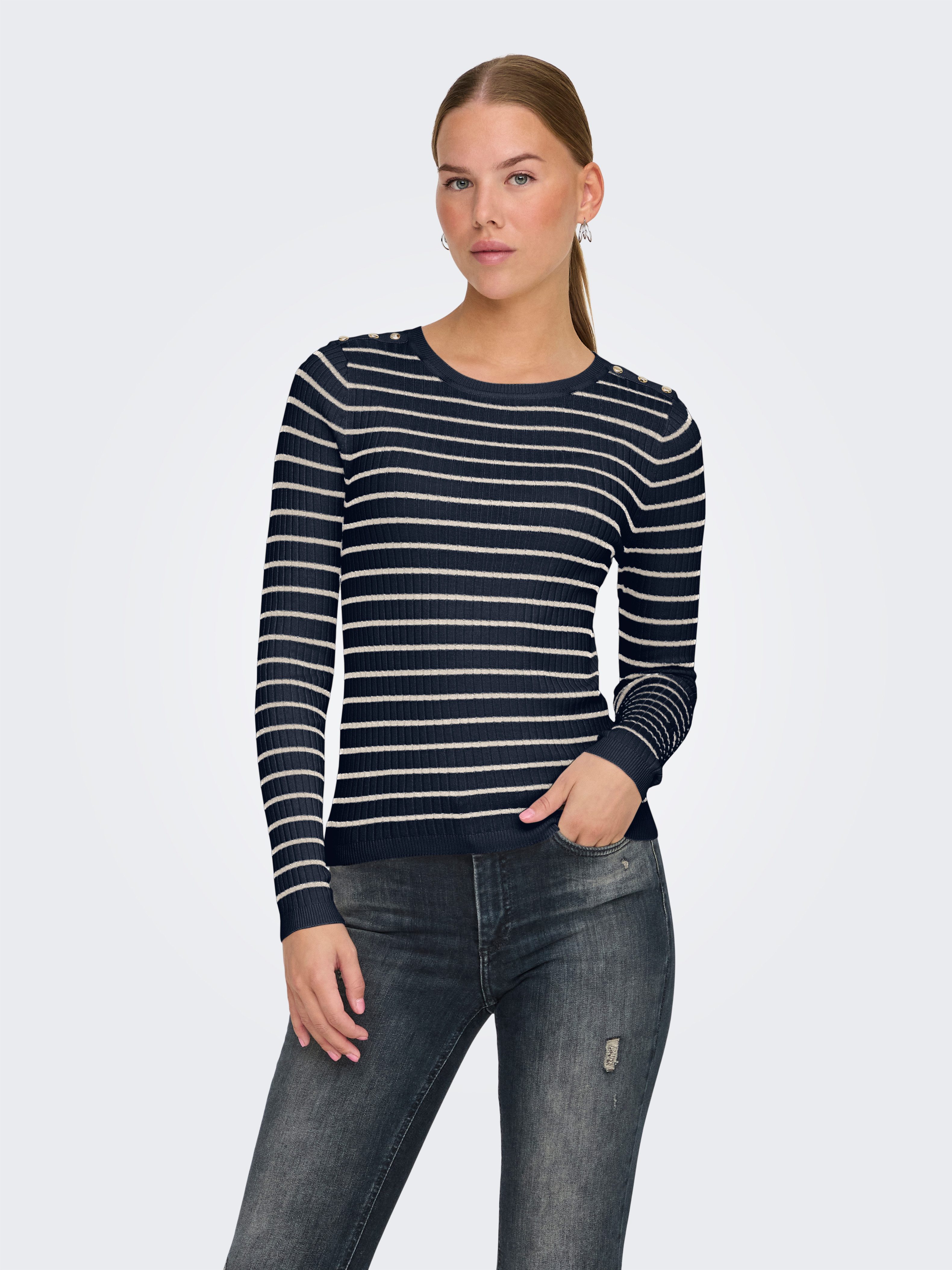 Only Gebreide trui ONLMILA LS STRIPE BUTTON O-NECK CC KNT dames truien maat L (40) blauw
