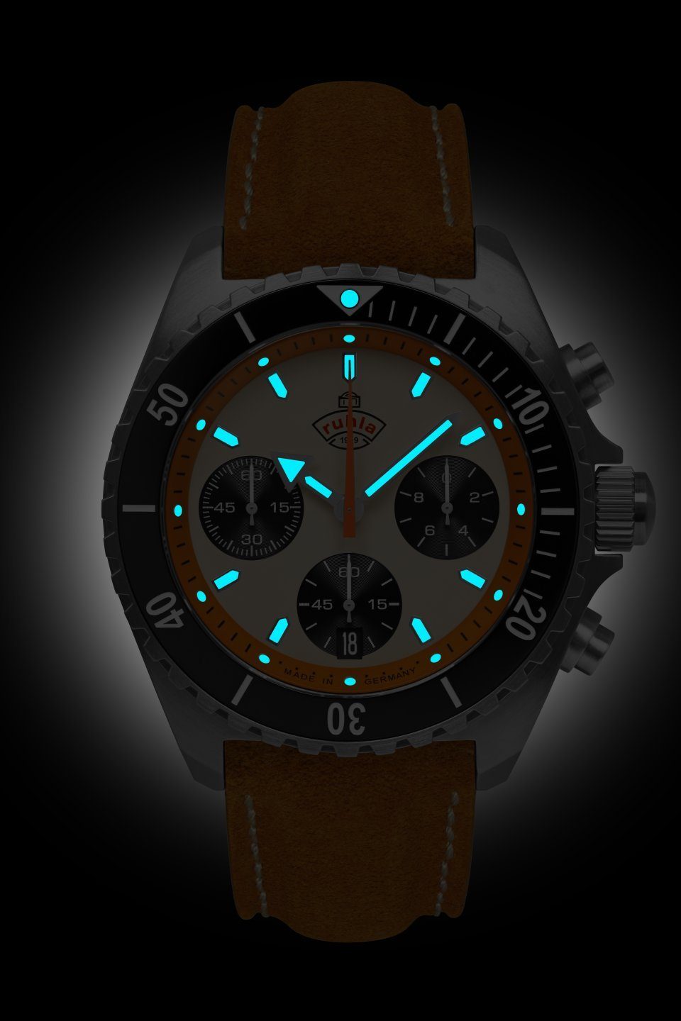 ruhla Chronograaf Glasbach Cup Quartz horloge, herenhorloge, datum, stopfunctie, saffierglas, Made in Germany